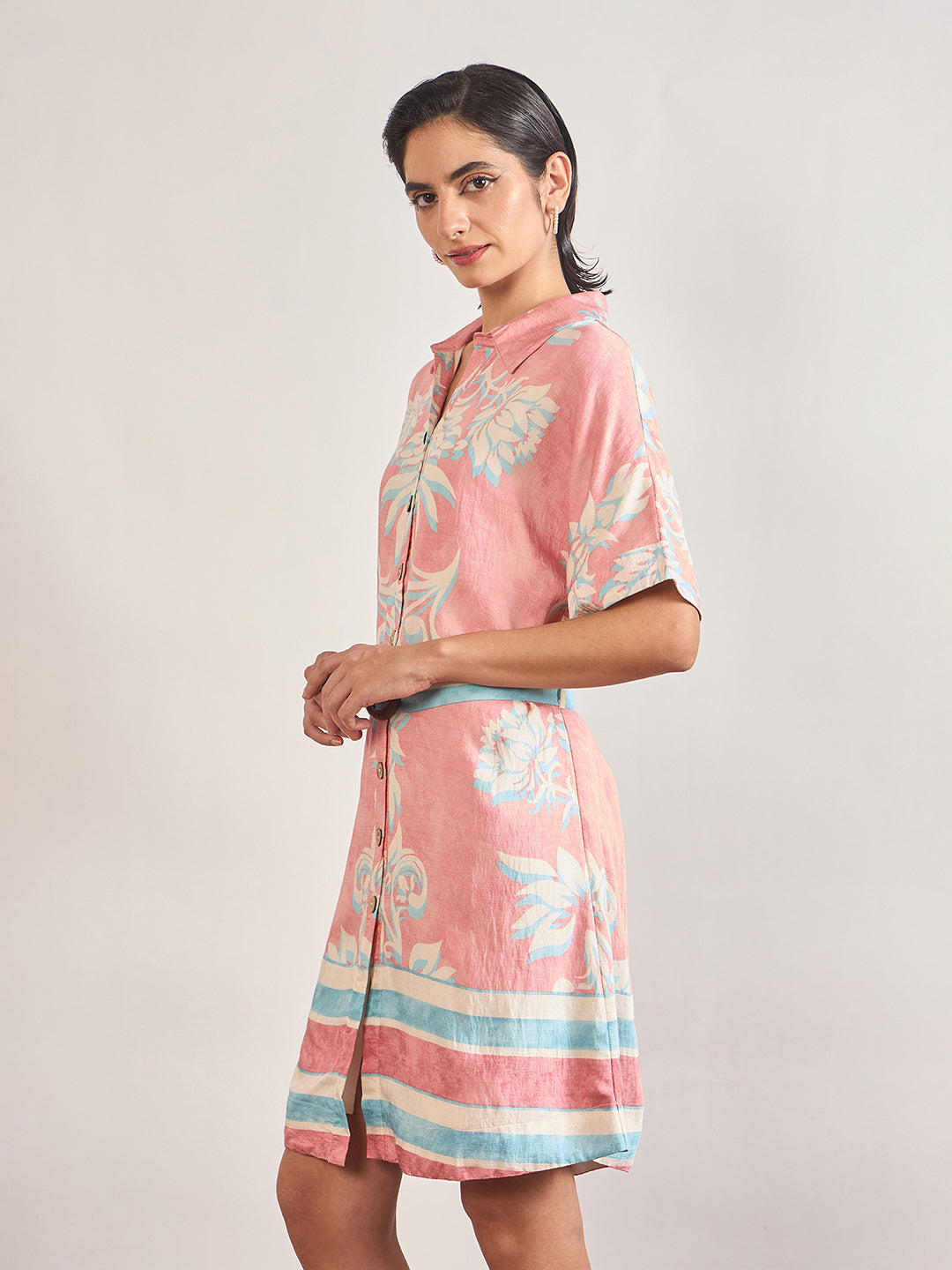 Pink Rayon Printed Classic Collar & Belt Shirt Dress