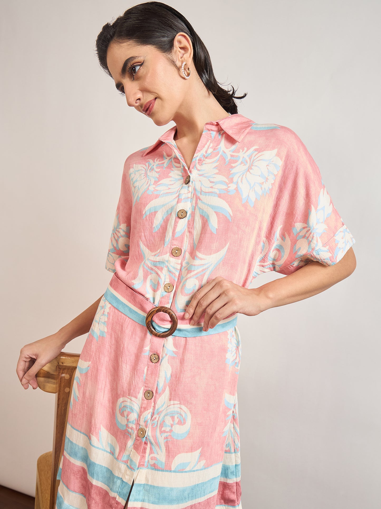 Pink Rayon Printed Classic Collar & Belt Shirt Dress