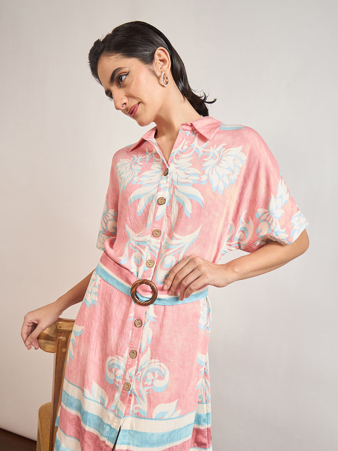 Pink Rayon Printed Classic Collar & Belt Shirt Dress