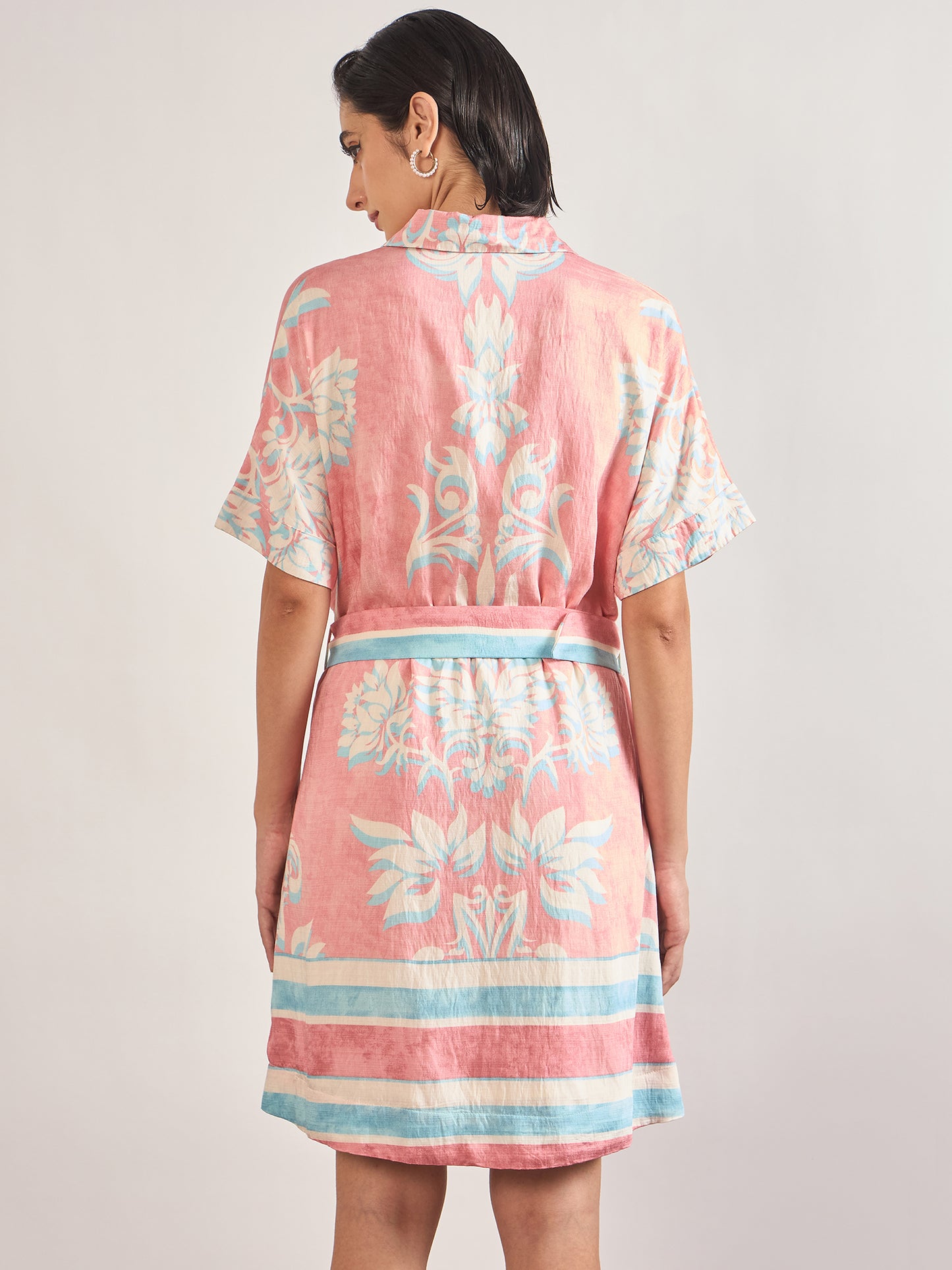 Pink Rayon Printed Classic Collar & Belt Shirt Dress