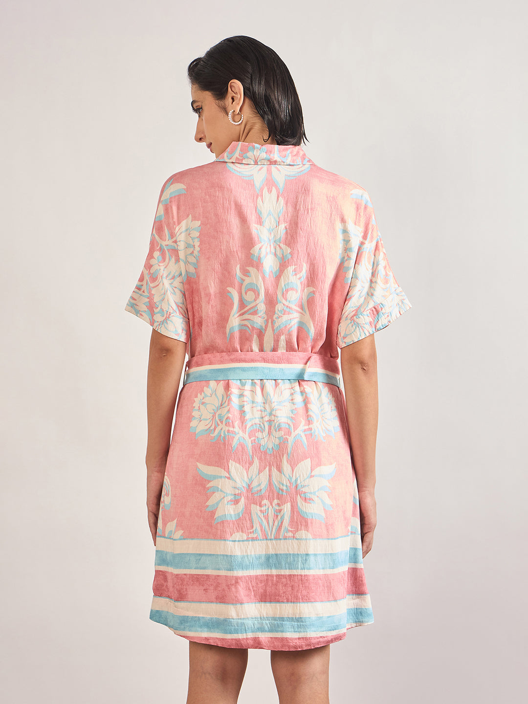 Pink Rayon Printed Classic Collar & Belt Shirt Dress