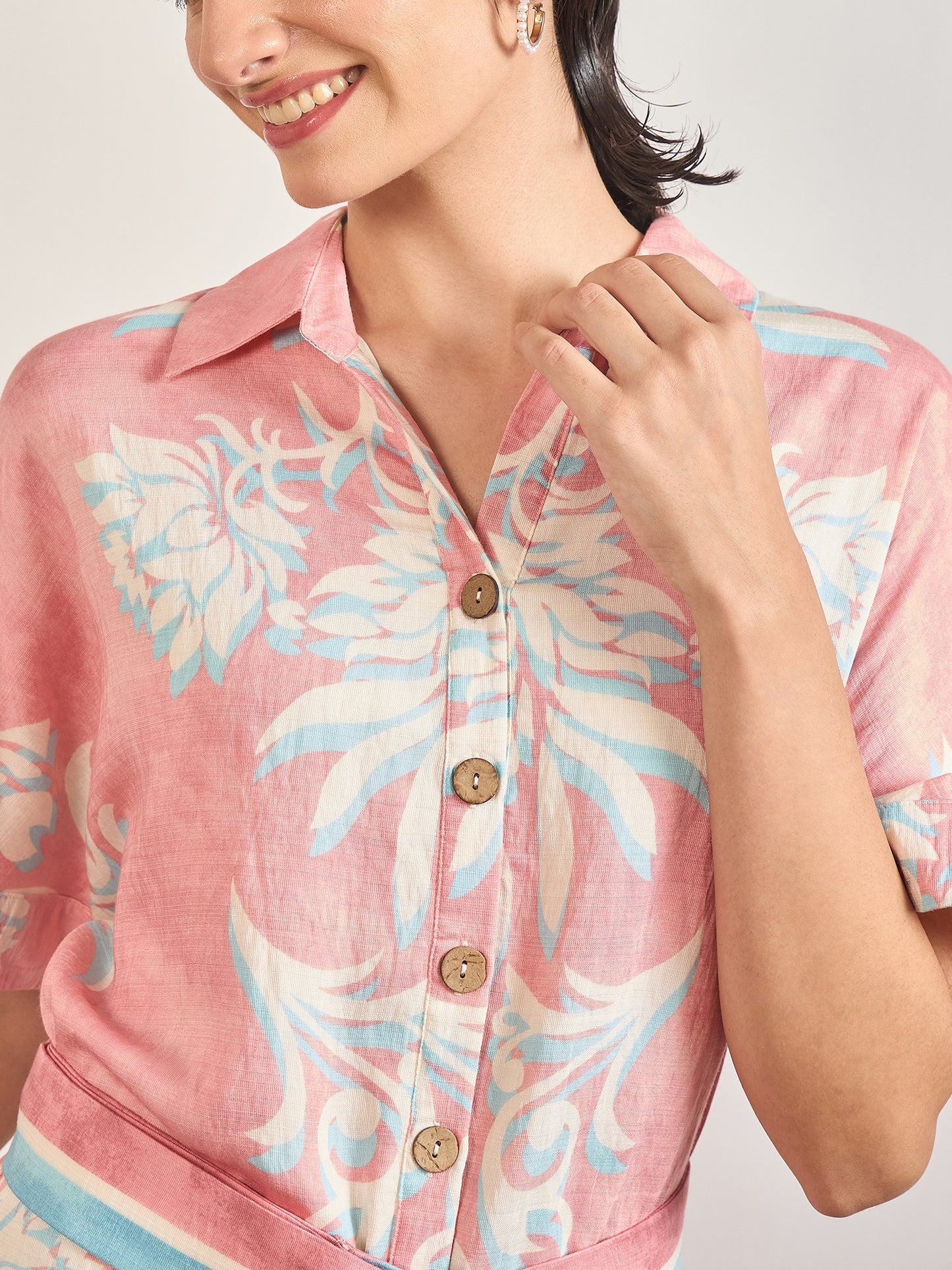 Pink Rayon Printed Classic Collar & Belt Shirt Dress