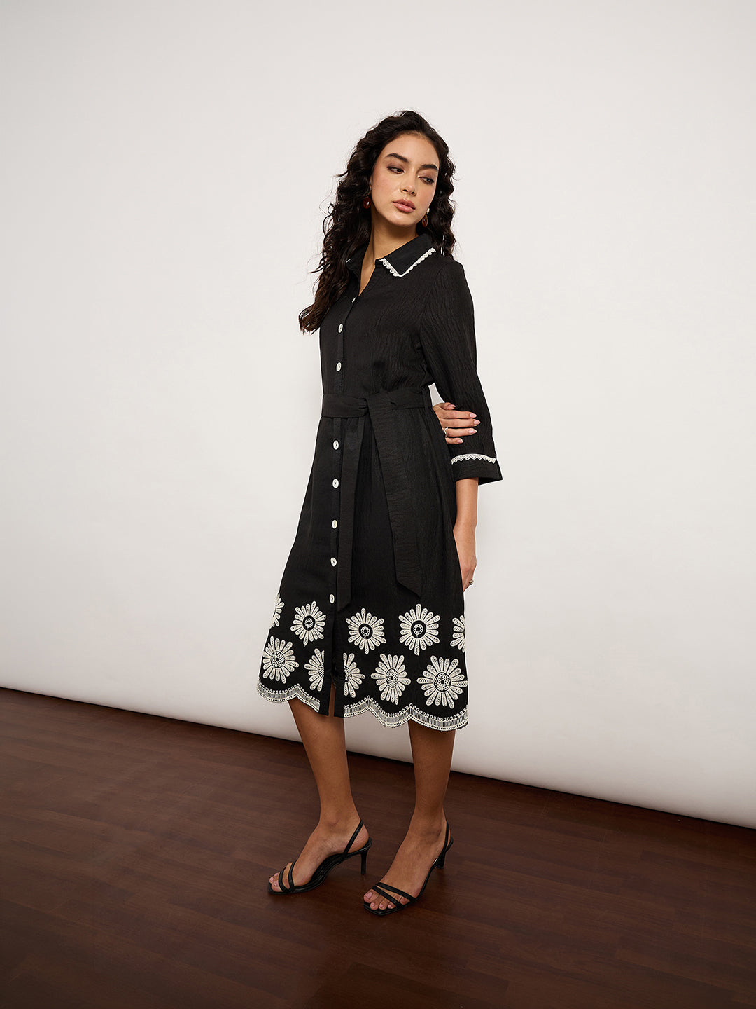 Black Belted Shirt Dress With White Contrast Embroidery