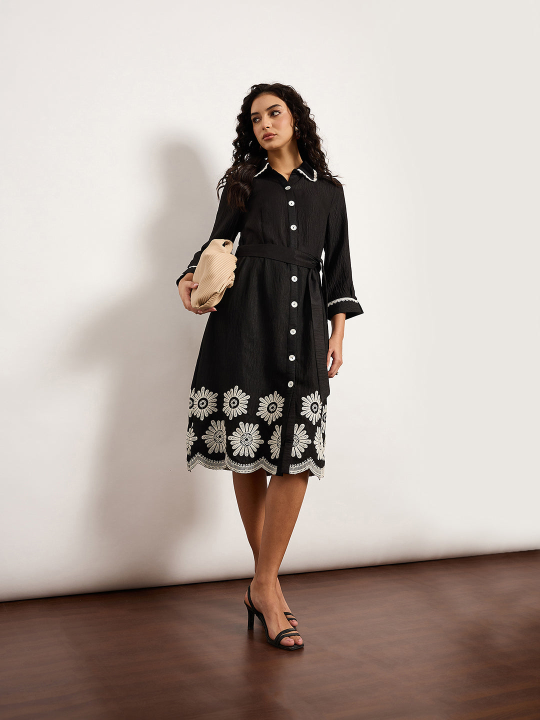 Black Belted Shirt Dress With White Contrast Embroidery