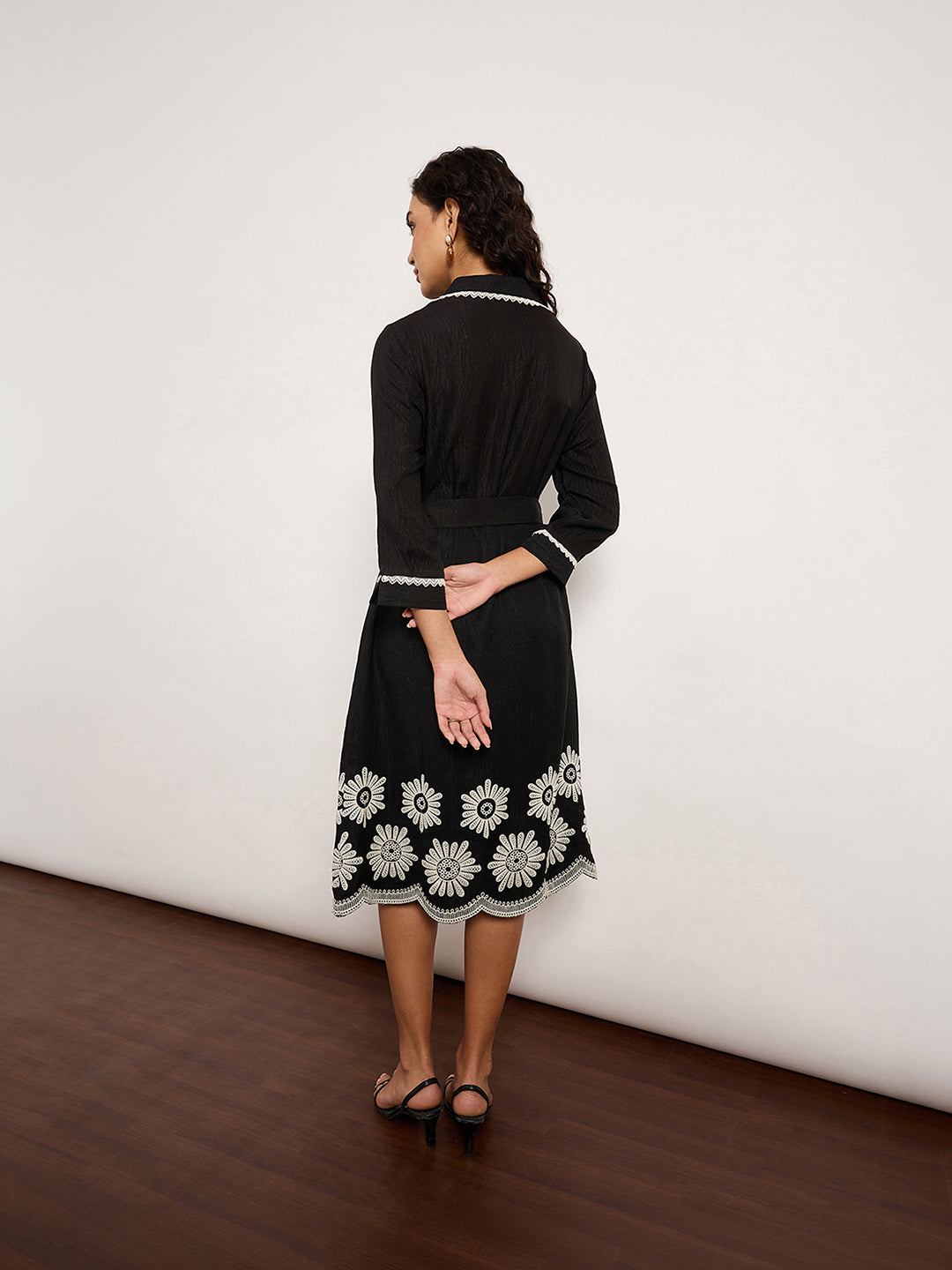 Black Belted Shirt Dress With White Contrast Embroidery