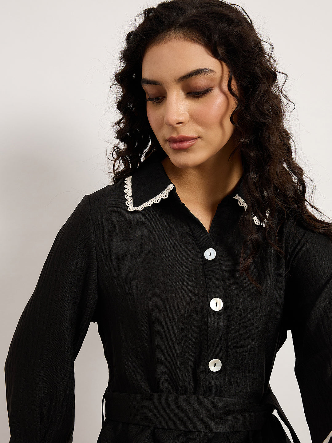 Black Belted Shirt Dress With White Contrast Embroidery