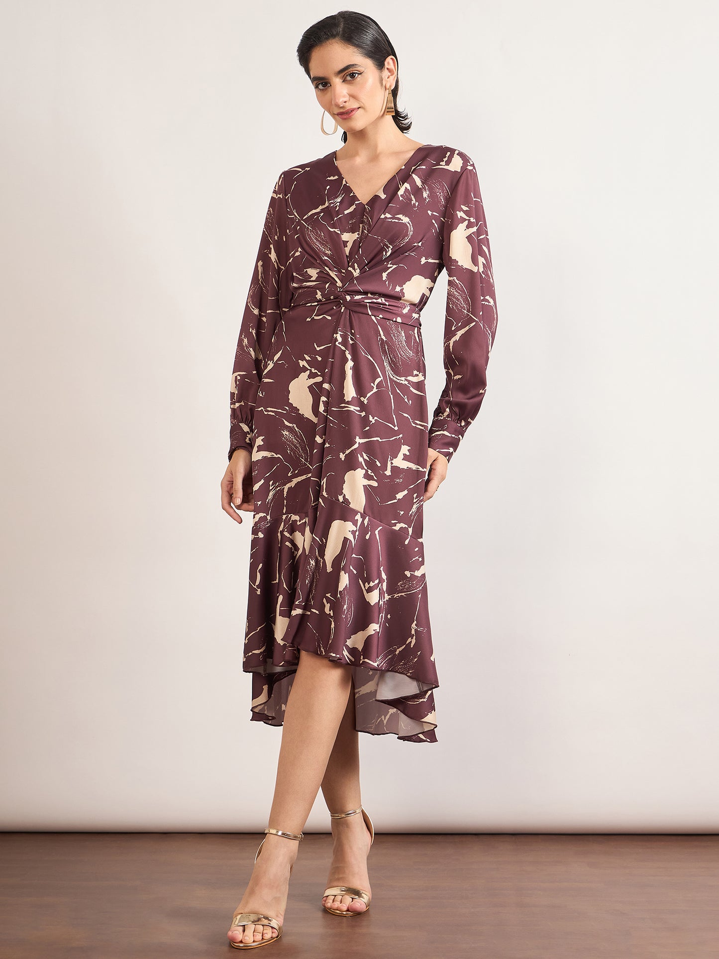 Maroon Nylon Viscose A-Line Printed Dress