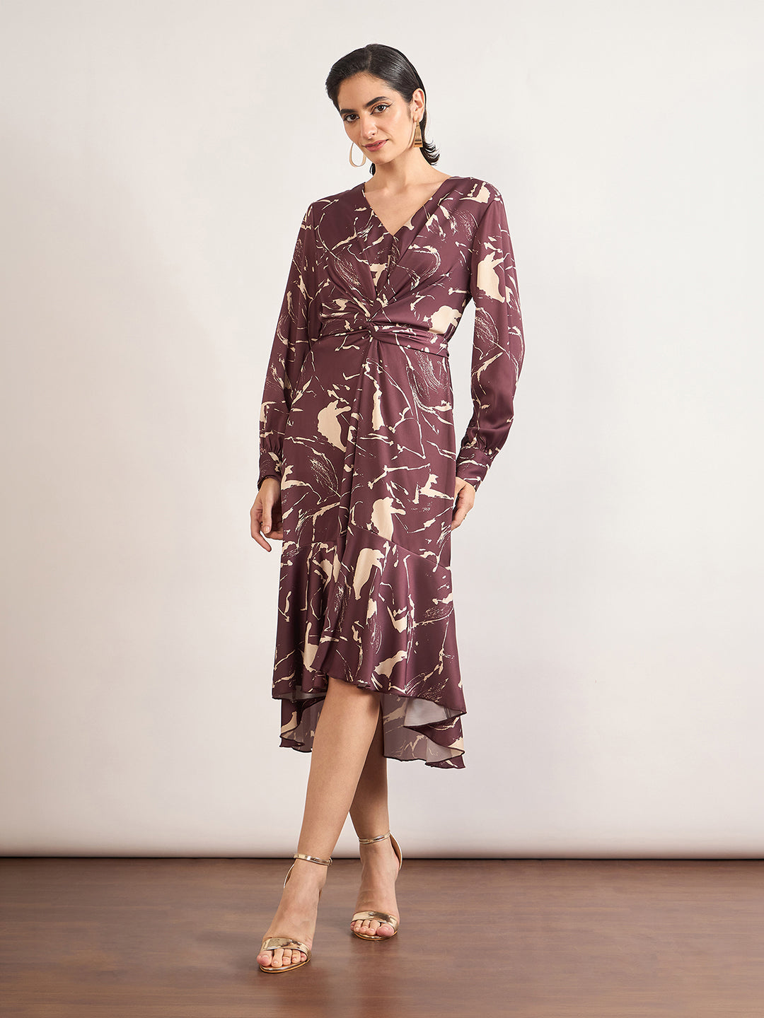 Maroon Nylon Viscose A-Line Printed Dress