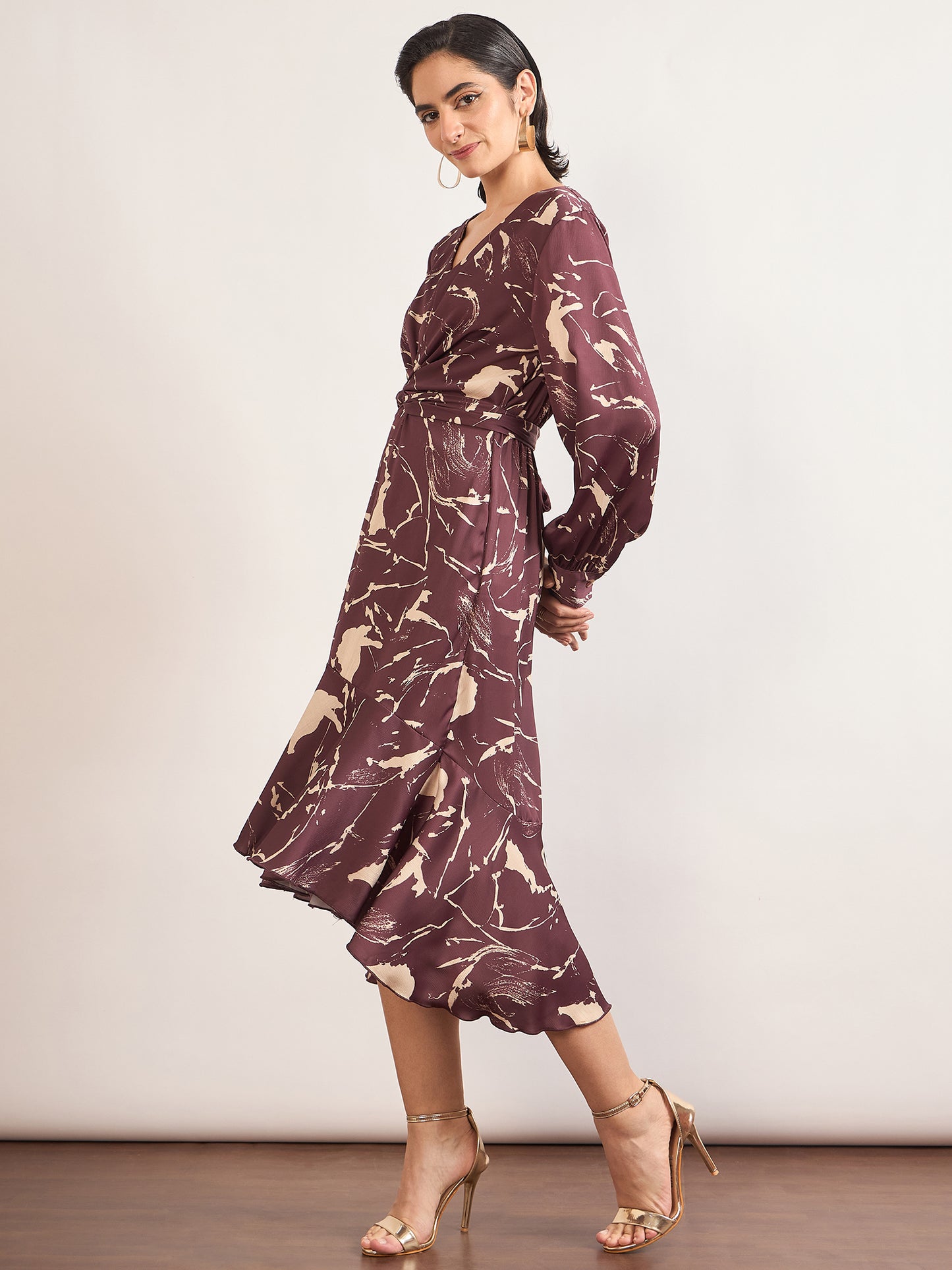 Maroon Nylon Viscose A-Line Printed Dress