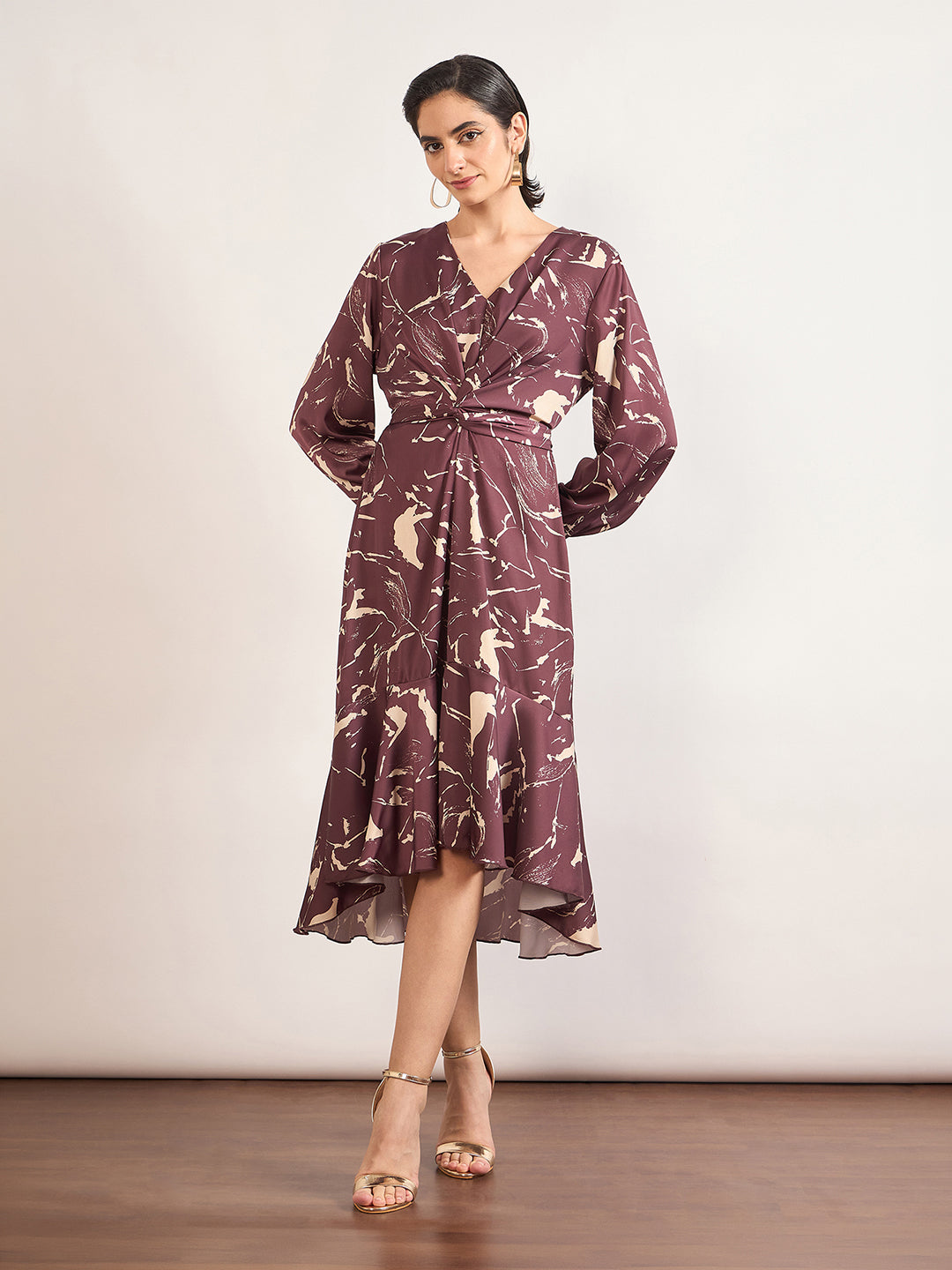 Maroon Nylon Viscose A-Line Printed Dress