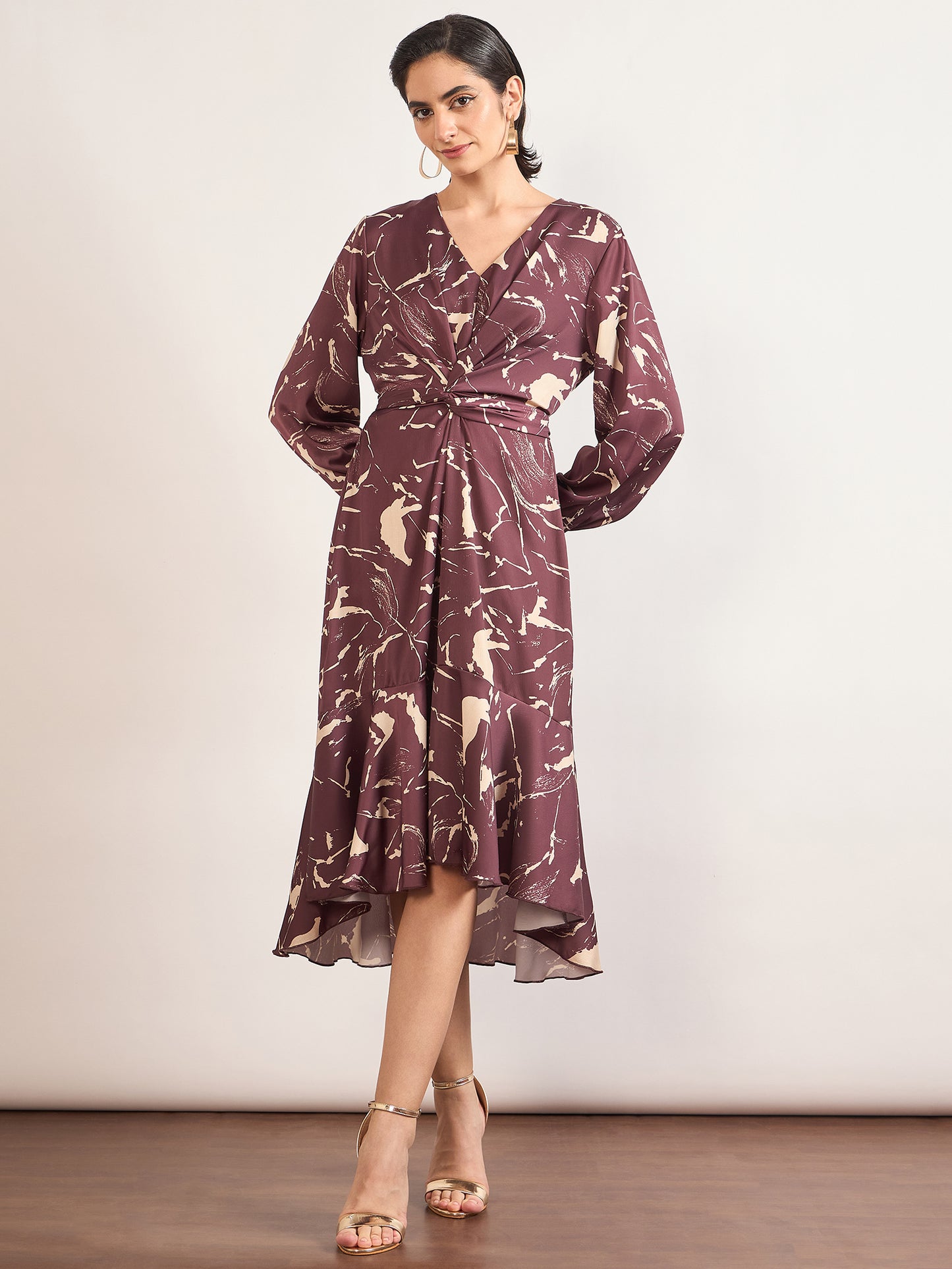 Maroon Nylon Viscose A-Line Printed Dress