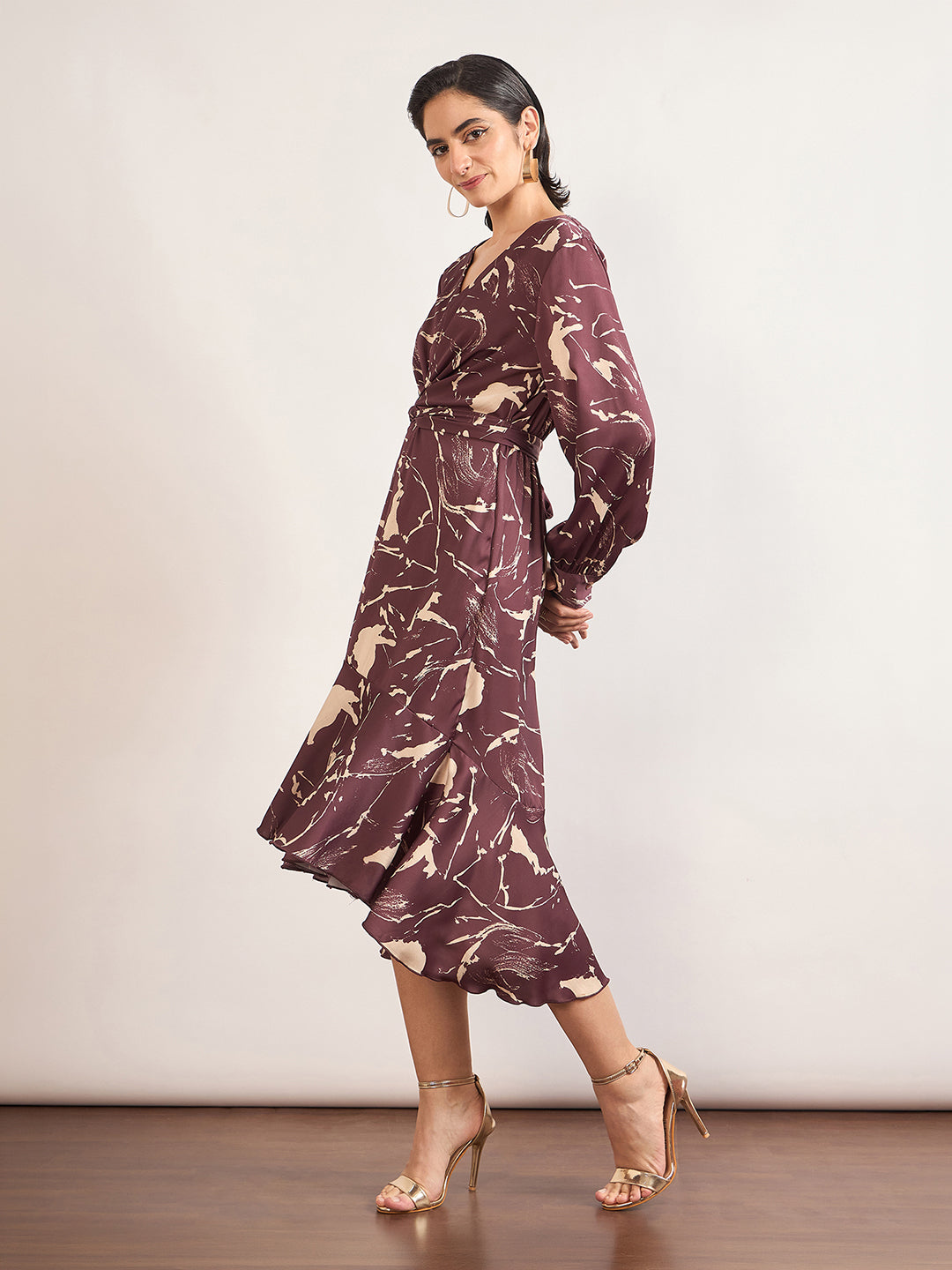 Maroon Nylon Viscose A-Line Printed Dress