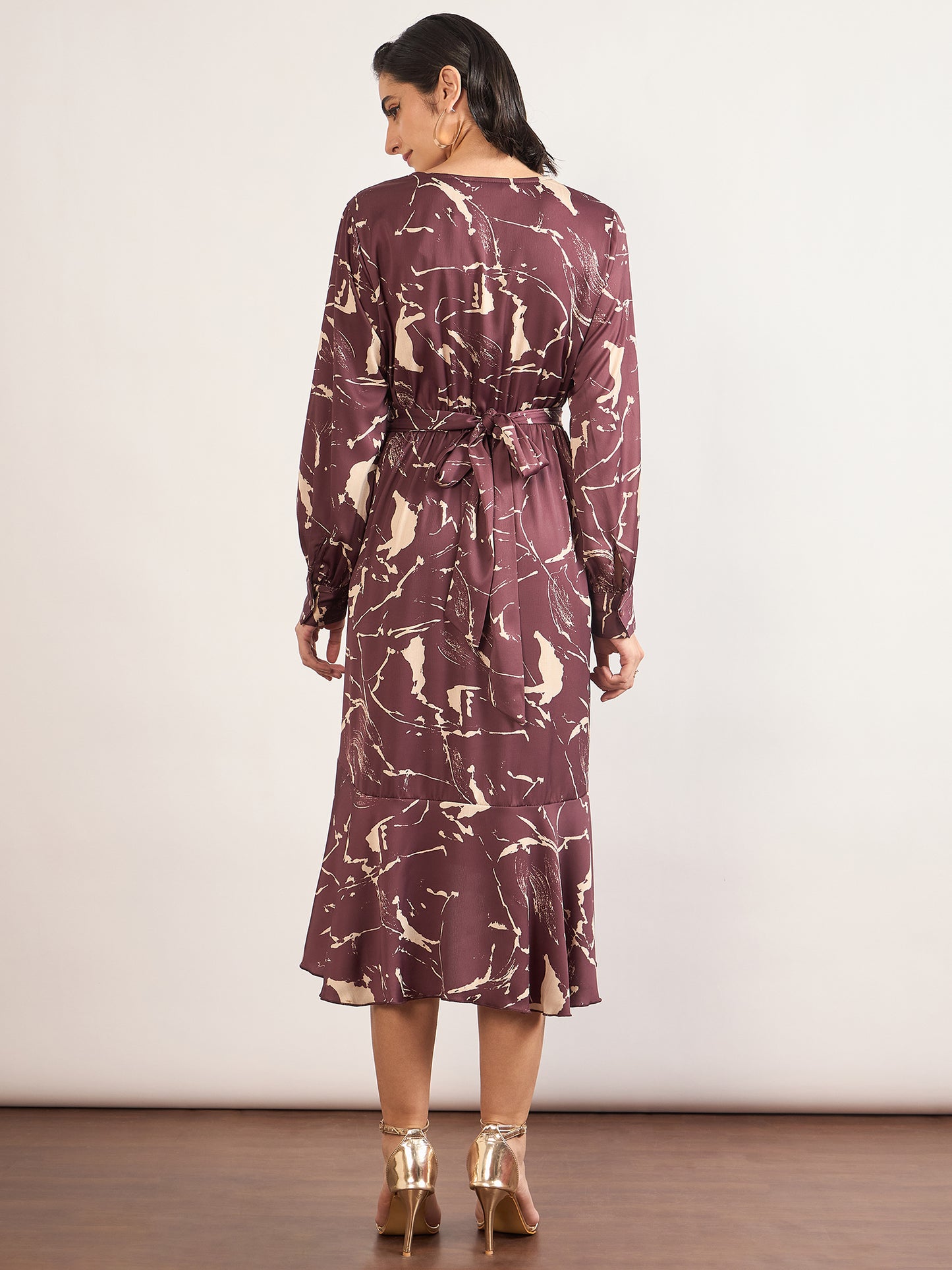 Maroon Nylon Viscose A-Line Printed Dress