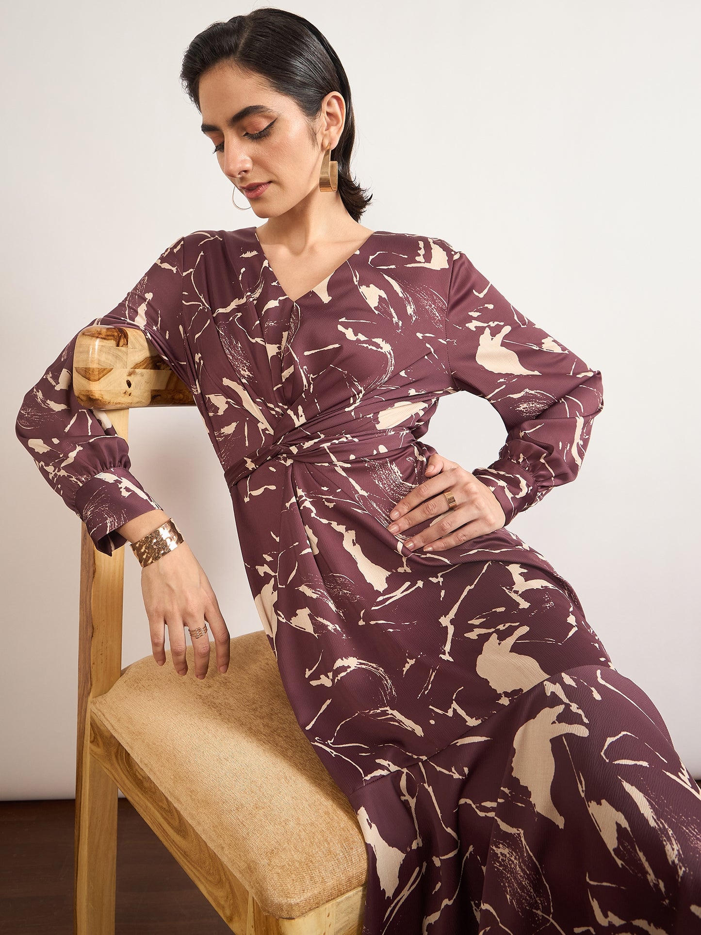 Maroon Nylon Viscose A-Line Printed Dress