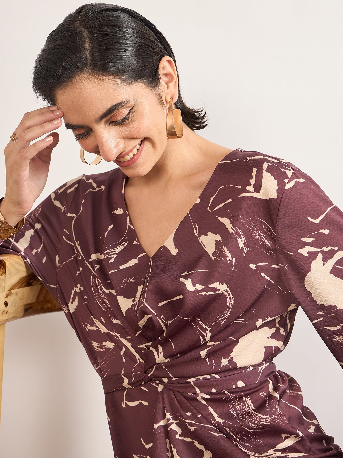 Maroon Nylon Viscose A-Line Printed Dress