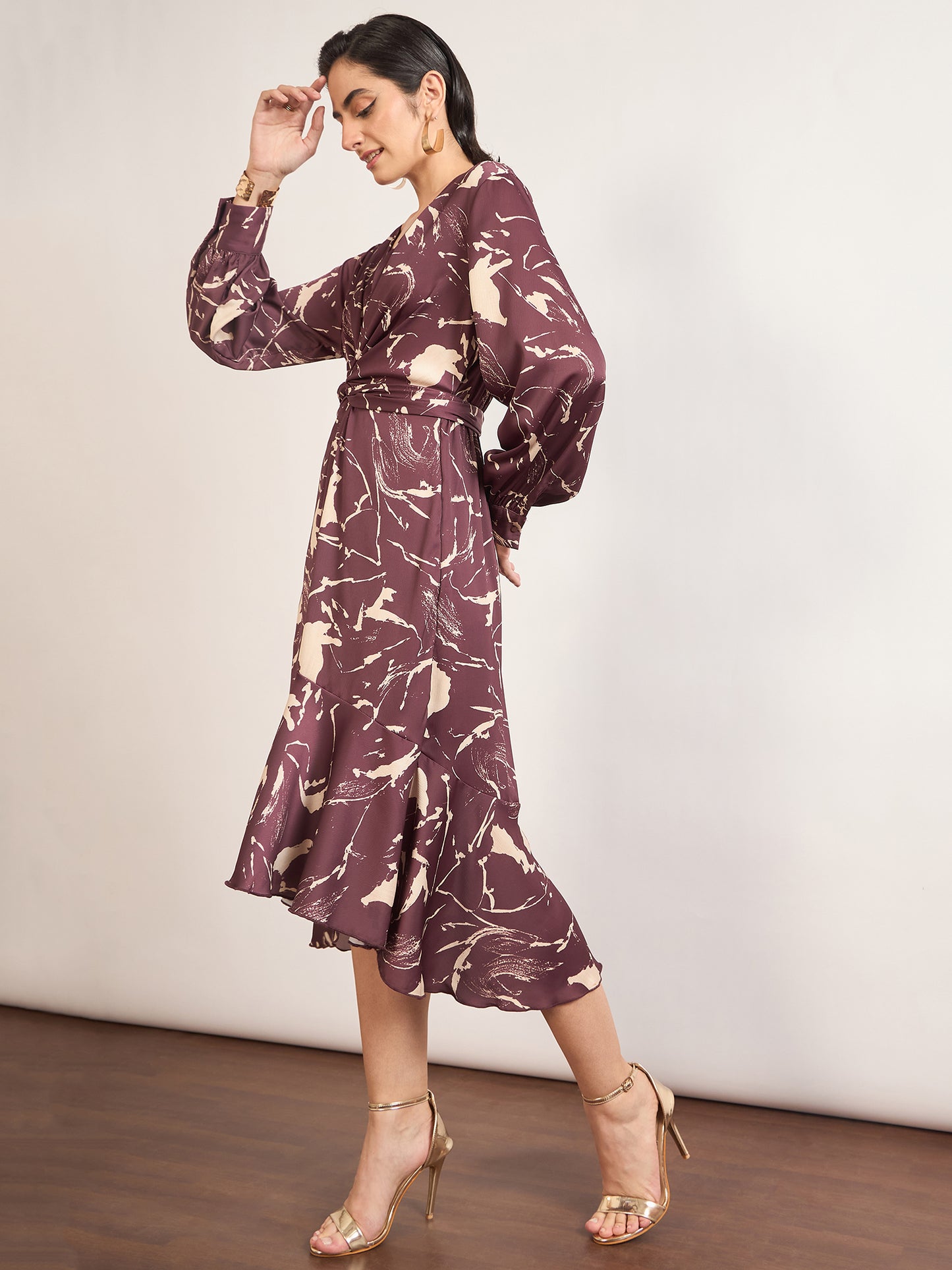 Maroon Nylon Viscose A-Line Printed Dress