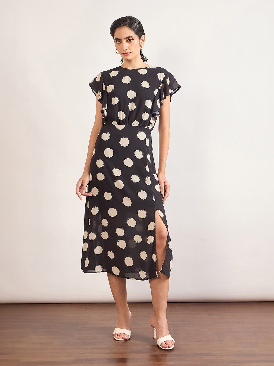 Black Chiffon Polka Printed Fit & Flare Dress