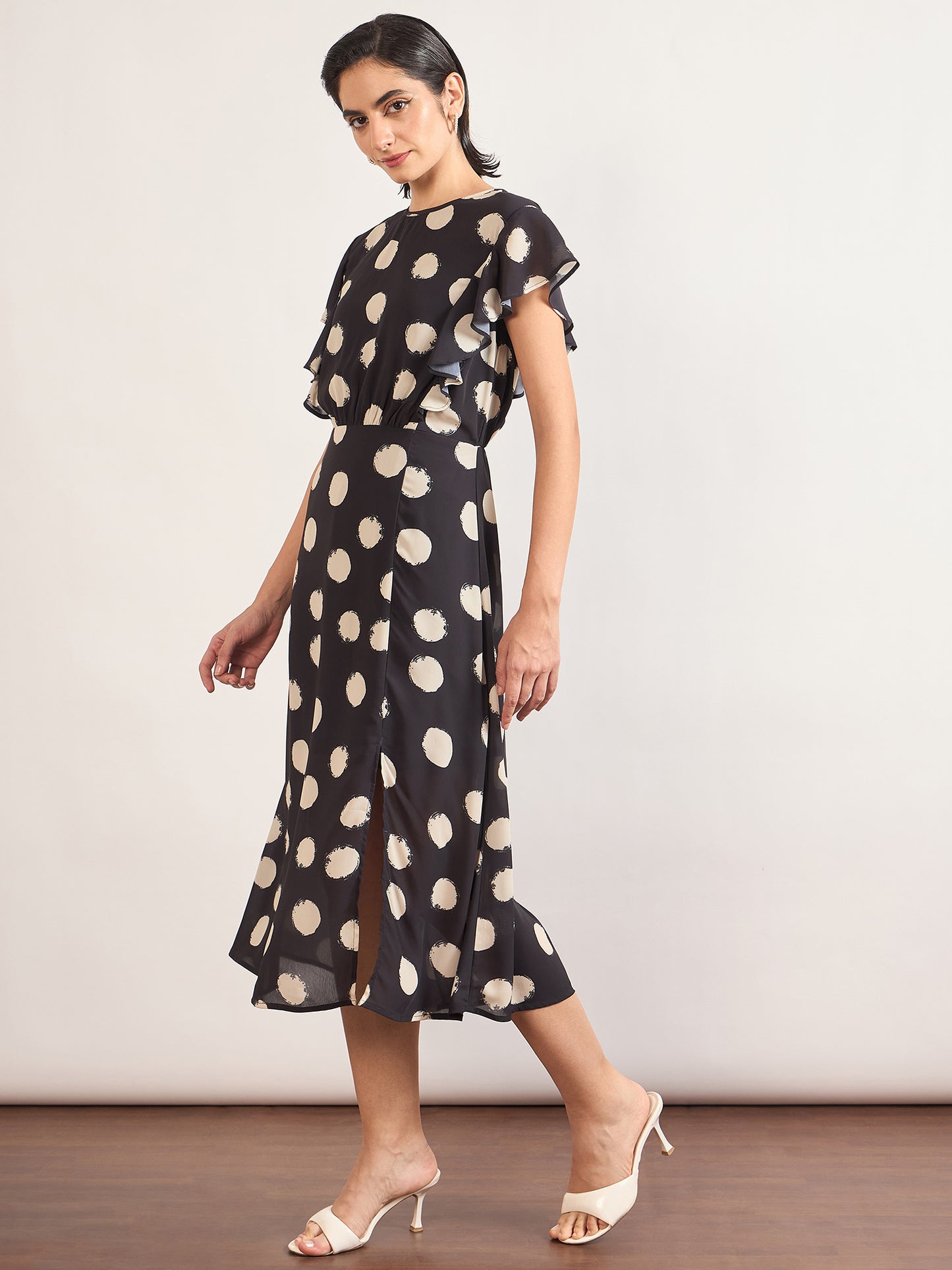 Black Chiffon Polka Printed Fit & Flare Dress