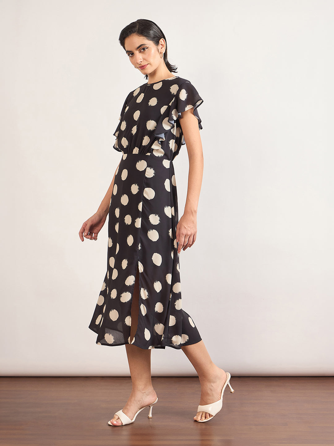 Black Chiffon Polka Printed Fit & Flare Dress