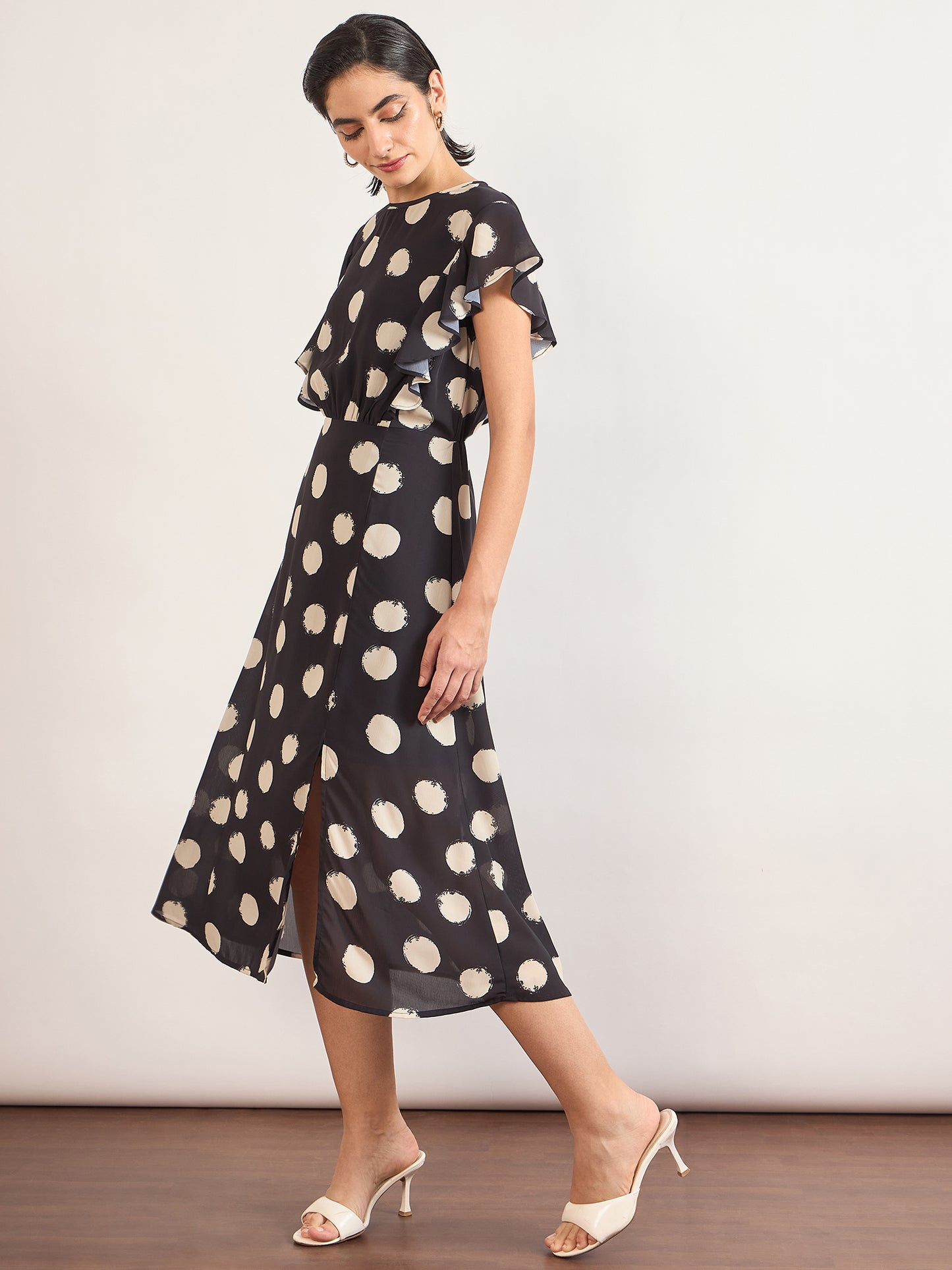 Black Chiffon Polka Printed Fit & Flare Dress