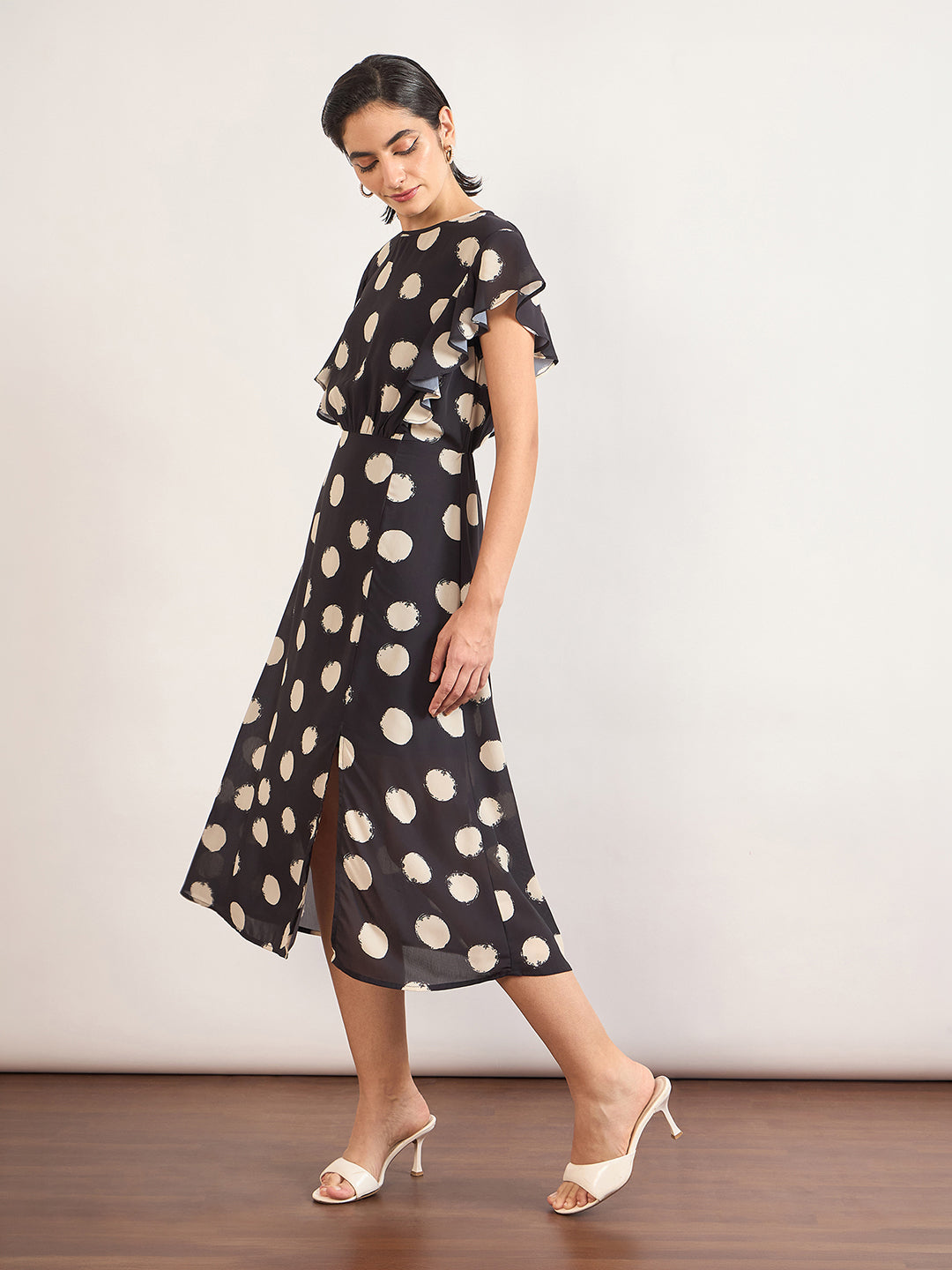 Black Chiffon Polka Printed Fit & Flare Dress