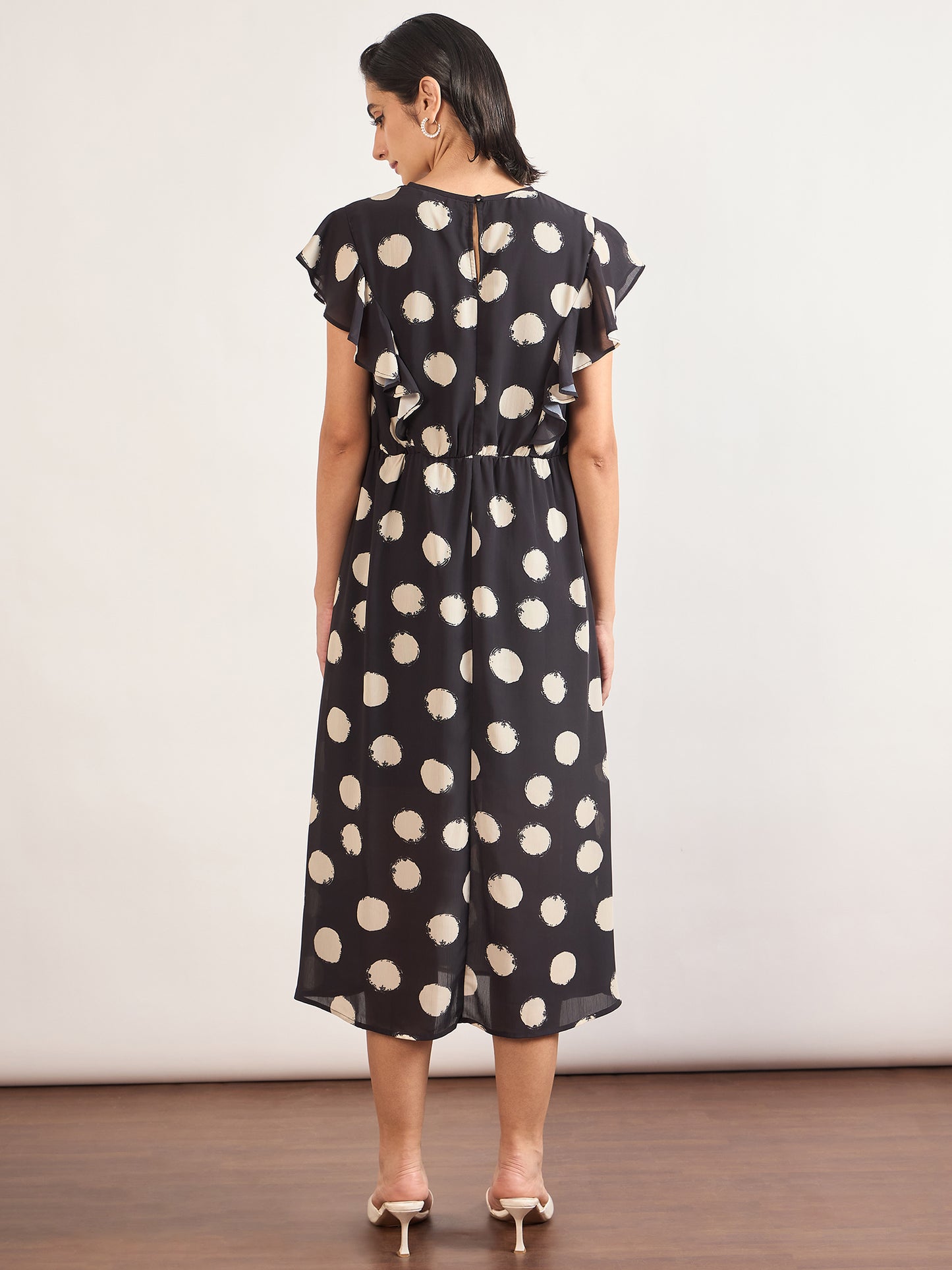 Black Chiffon Polka Printed Fit & Flare Dress