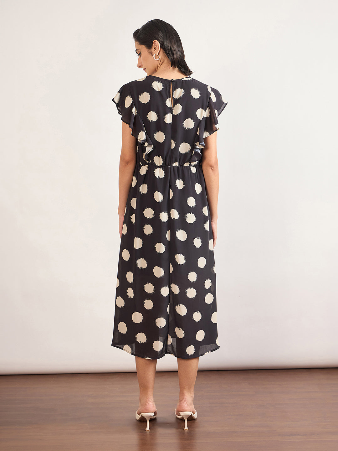 Black Chiffon Polka Printed Fit & Flare Dress
