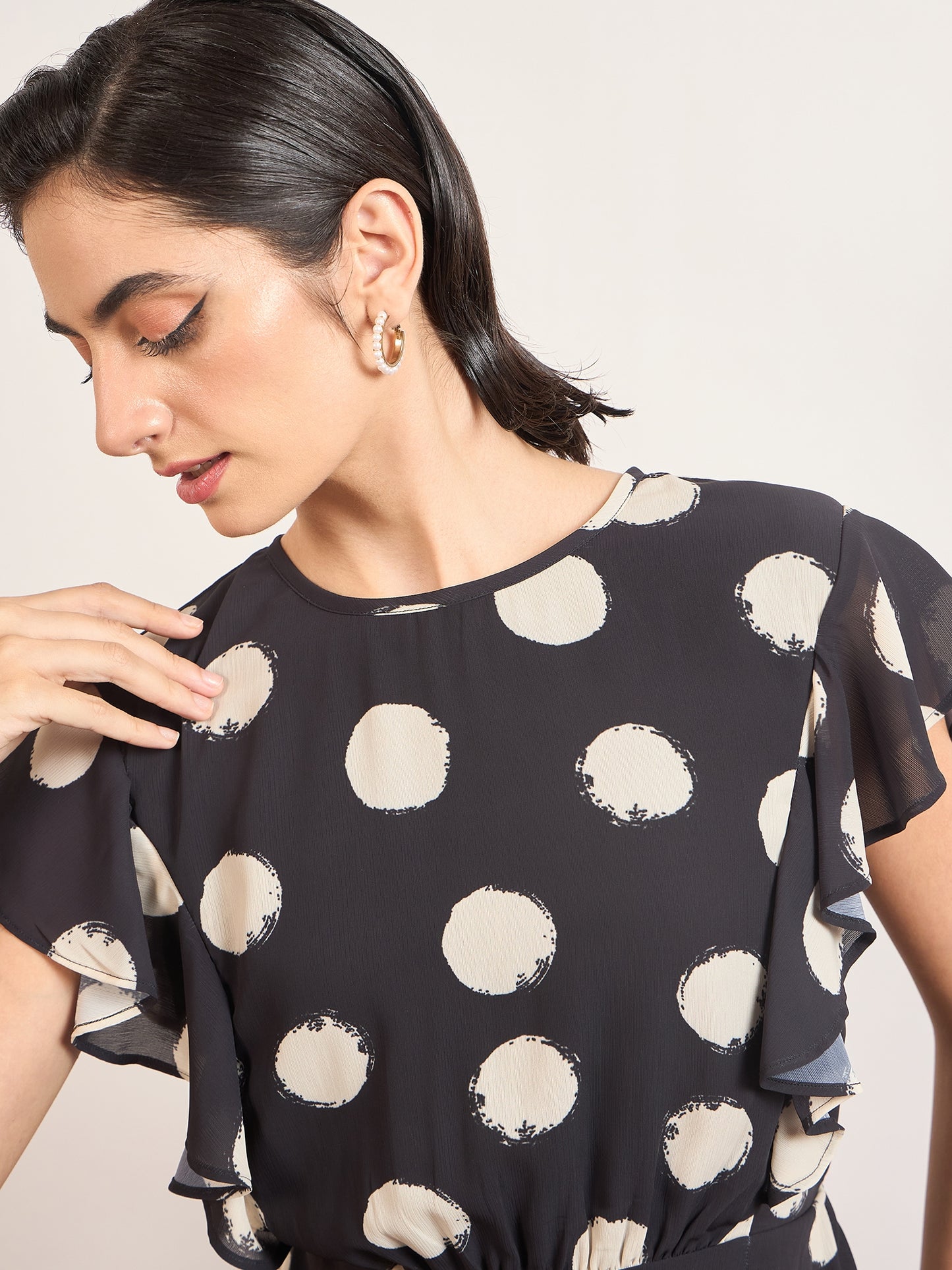 Black Chiffon Polka Printed Fit & Flare Dress