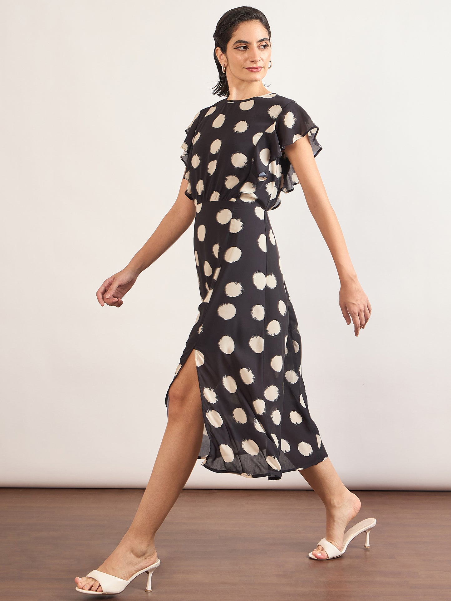 Black Chiffon Polka Printed Fit & Flare Dress