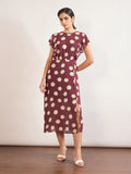 Maroon Chiffon Polka Printed Fit & Flare Dress