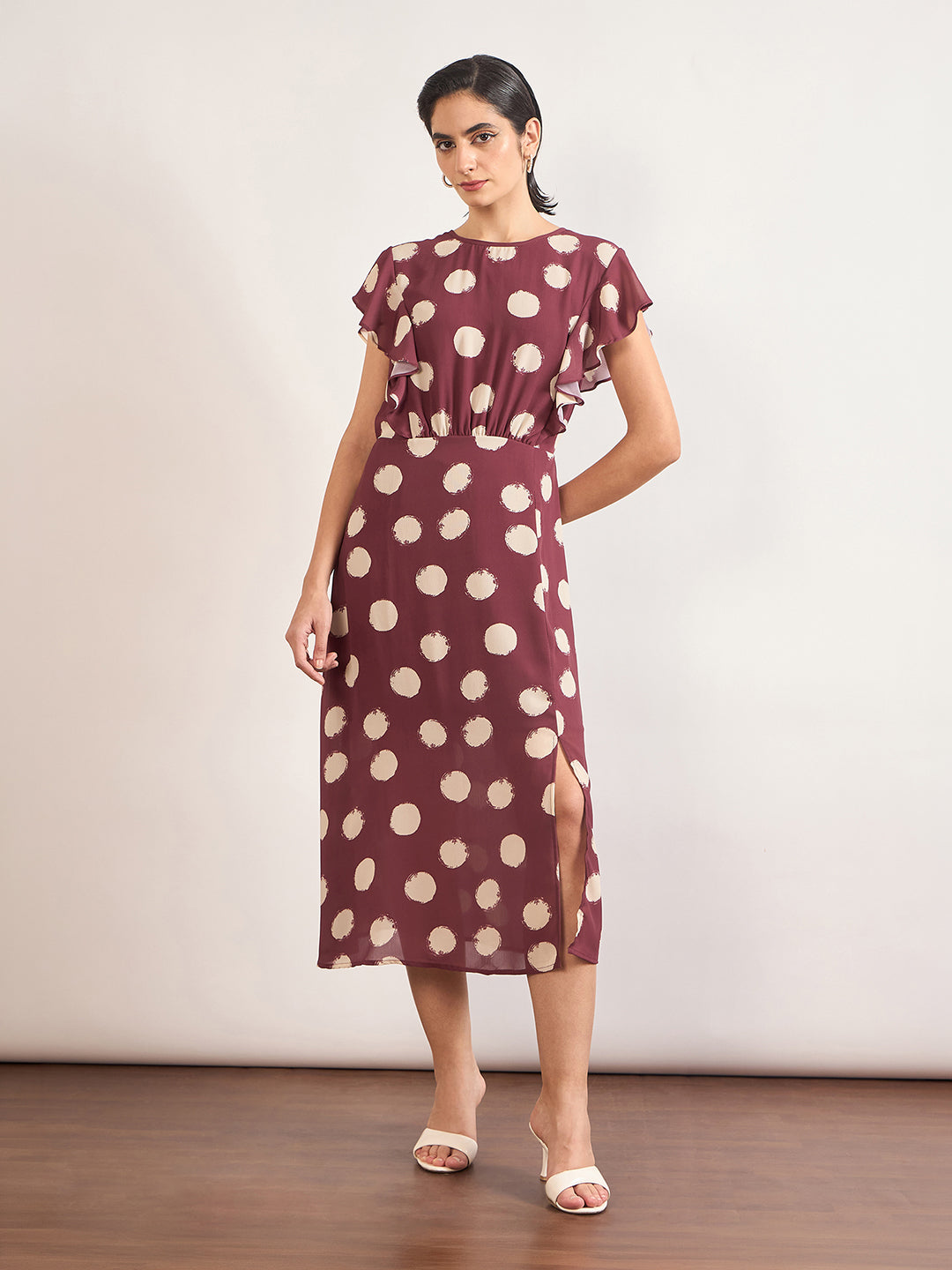 Maroon Chiffon Polka Printed Fit & Flare Dress