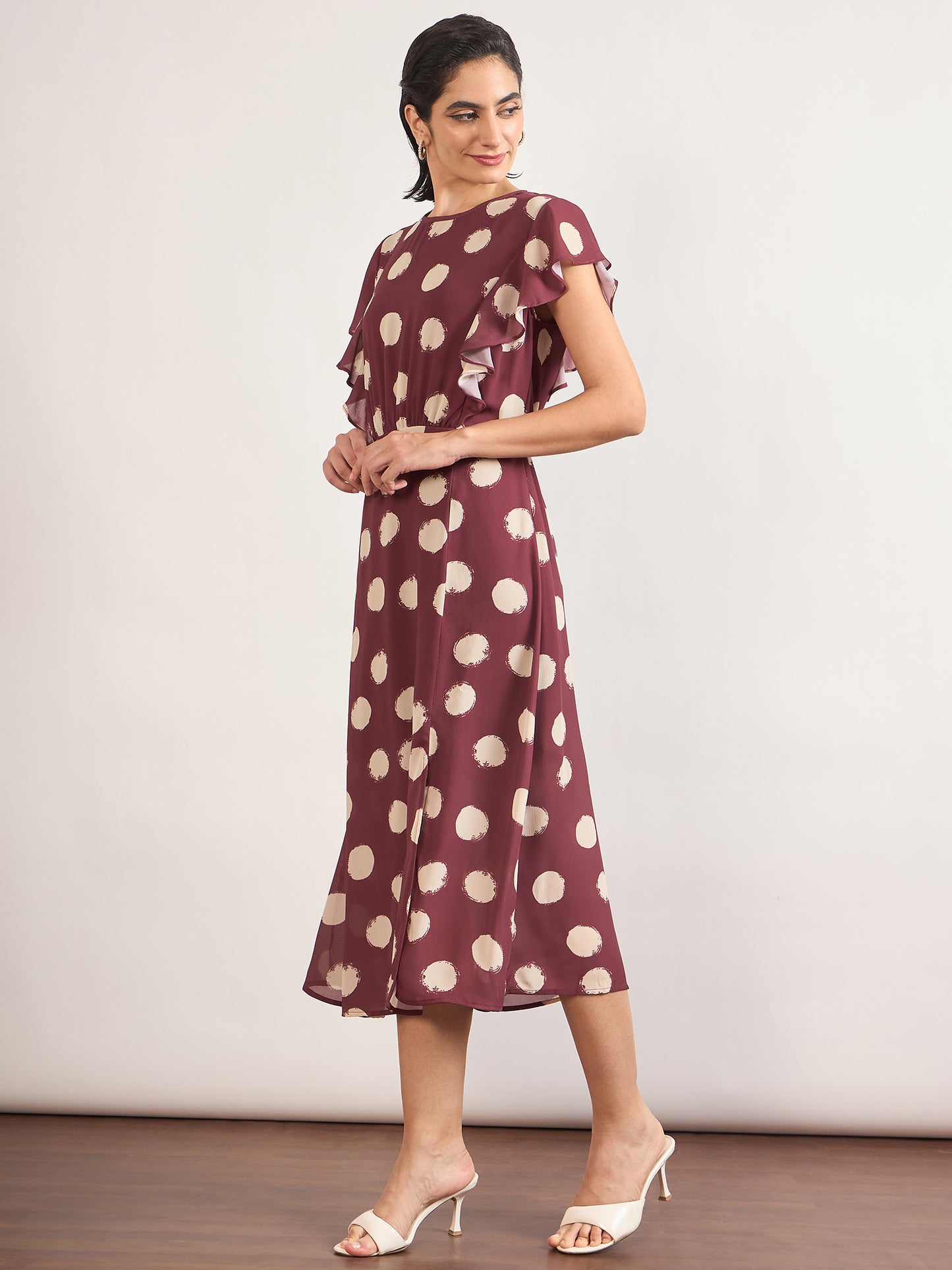 Maroon Chiffon Polka Printed Fit & Flare Dress