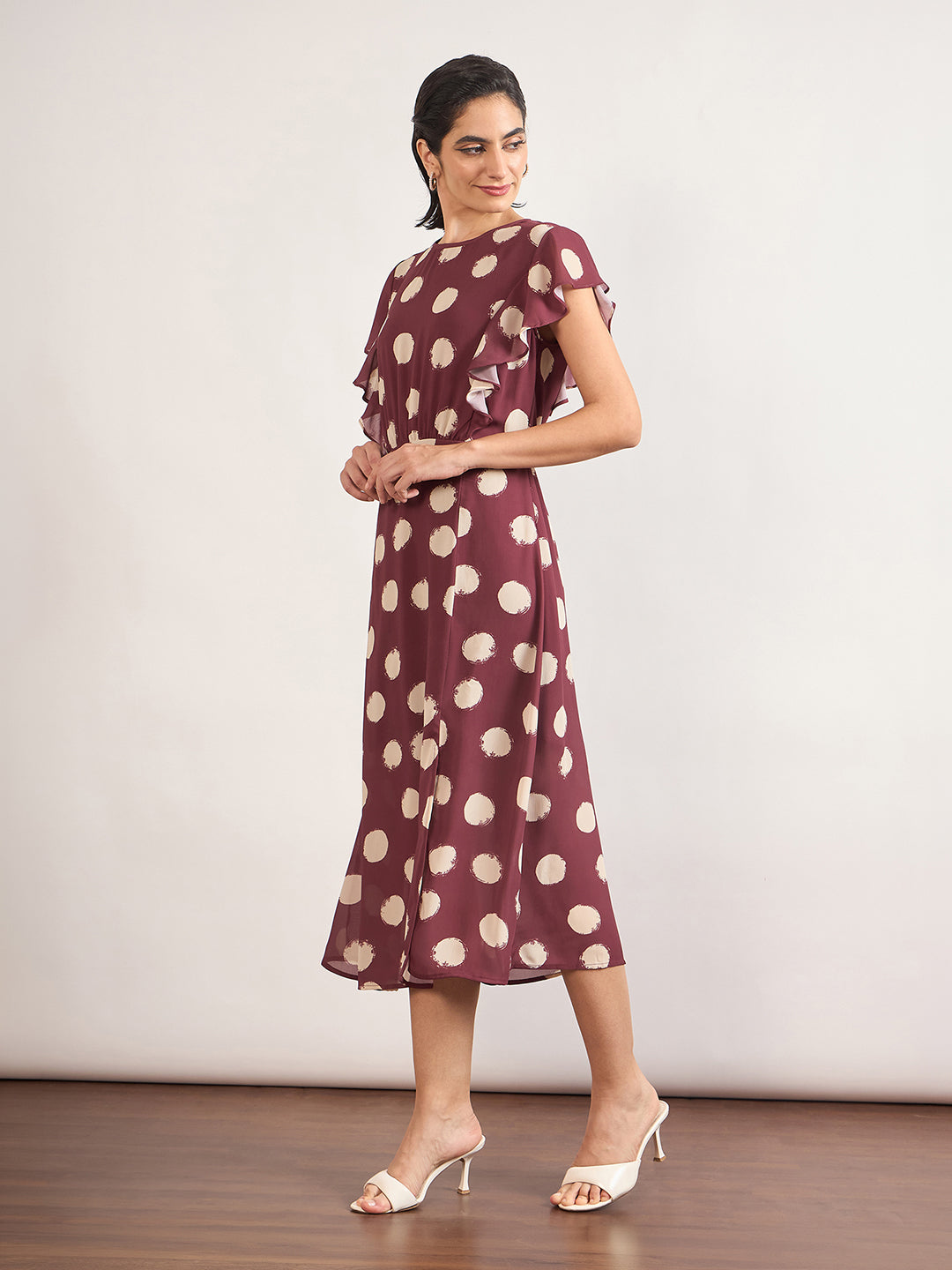 Maroon Chiffon Polka Printed Fit & Flare Dress