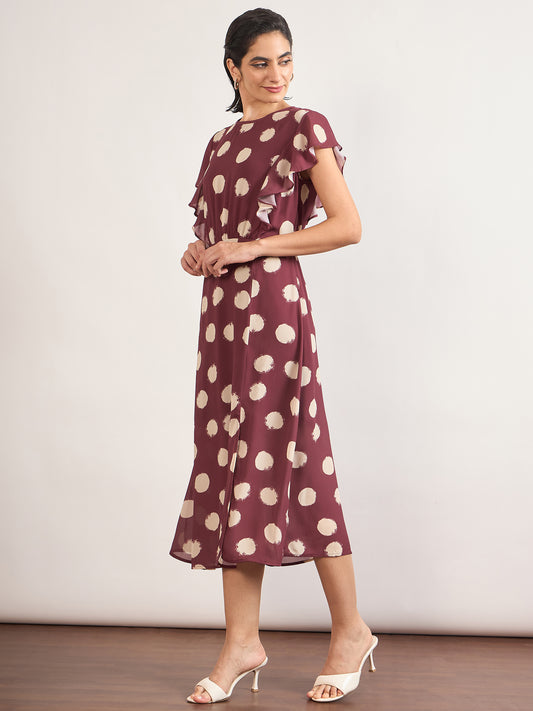 Maroon Chiffon Polka Printed Fit & Flare Dress