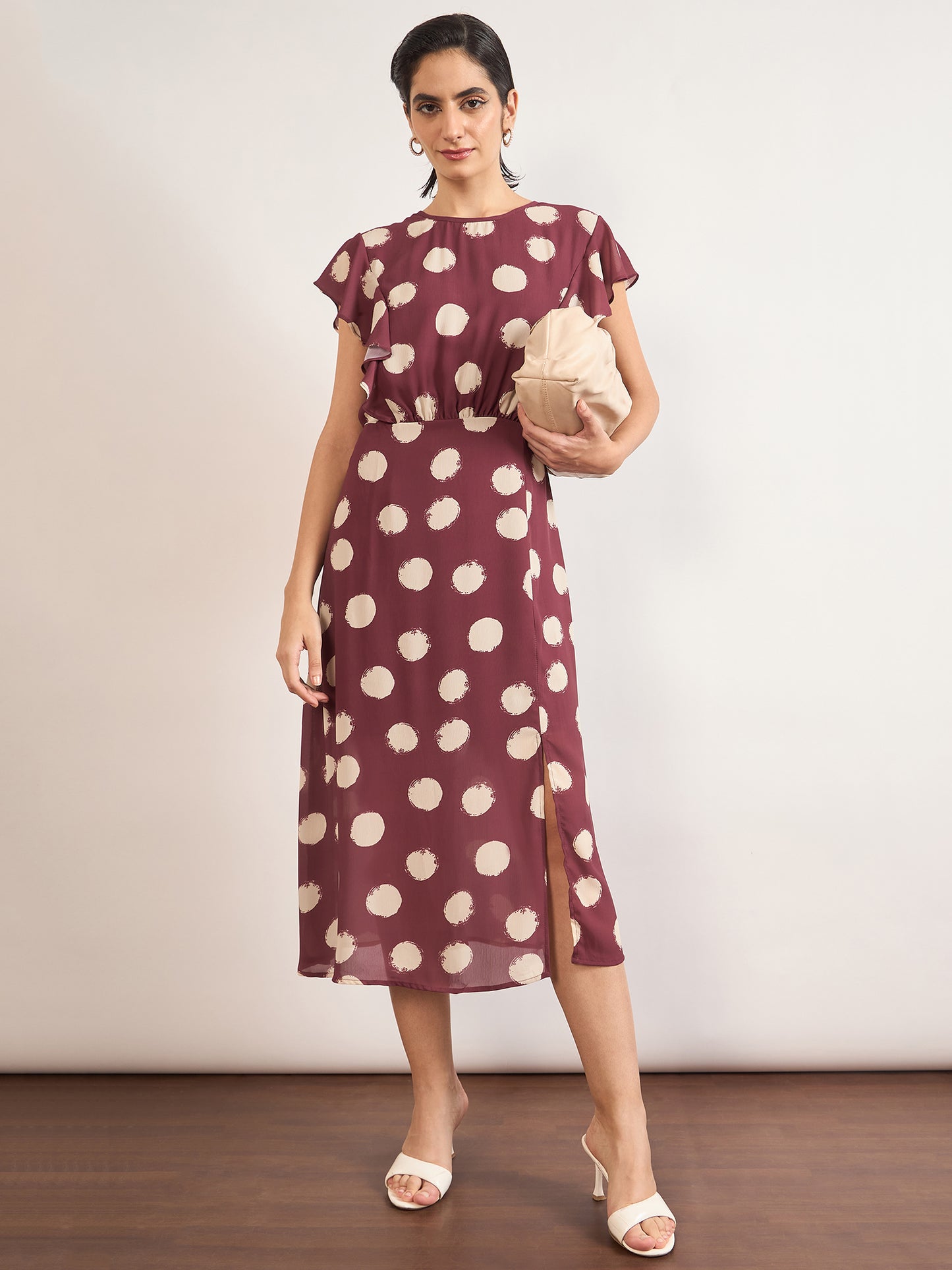 Maroon Chiffon Polka Printed Fit & Flare Dress