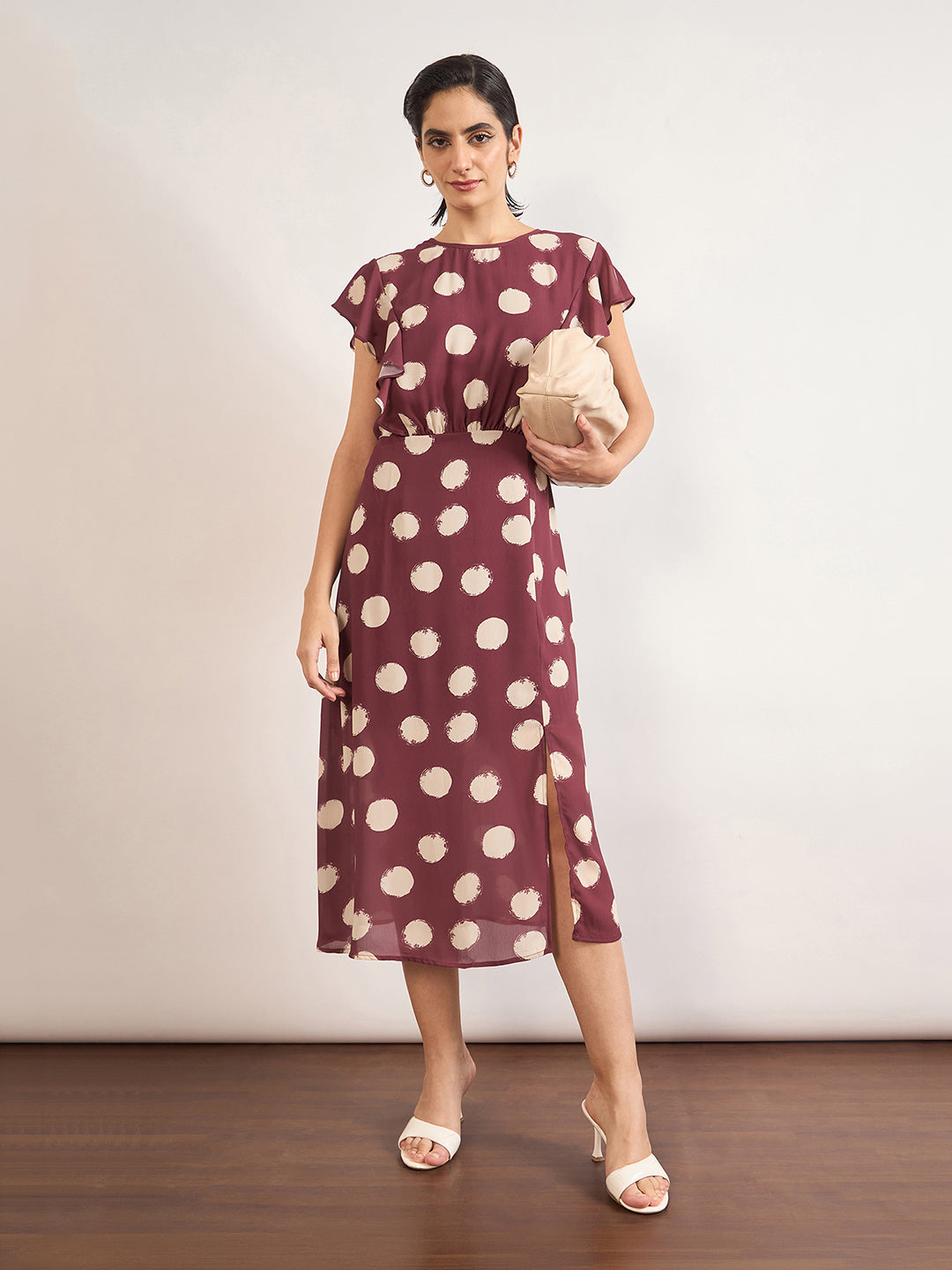 Maroon Chiffon Polka Printed Fit & Flare Dress
