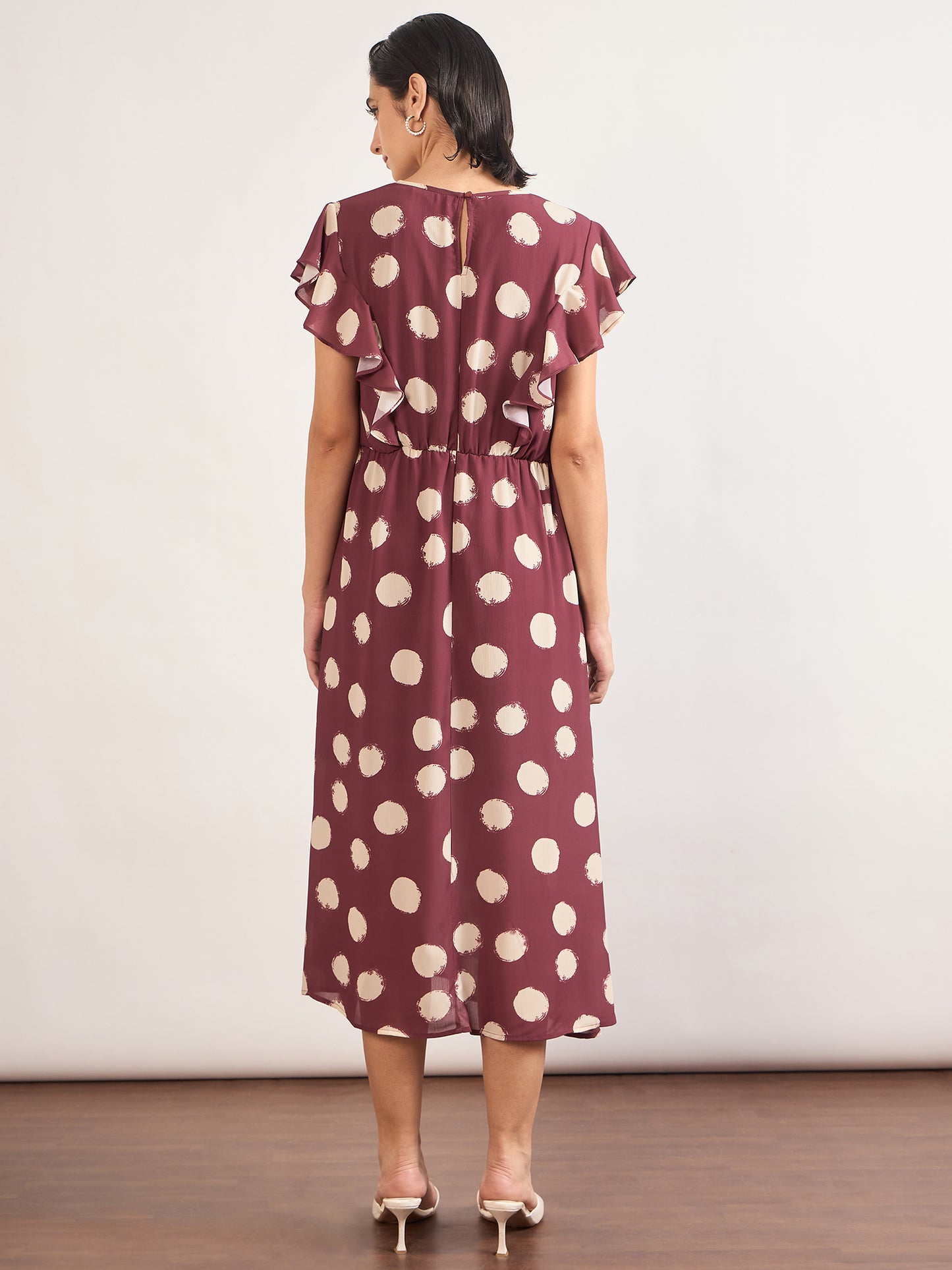 Maroon Chiffon Polka Printed Fit & Flare Dress