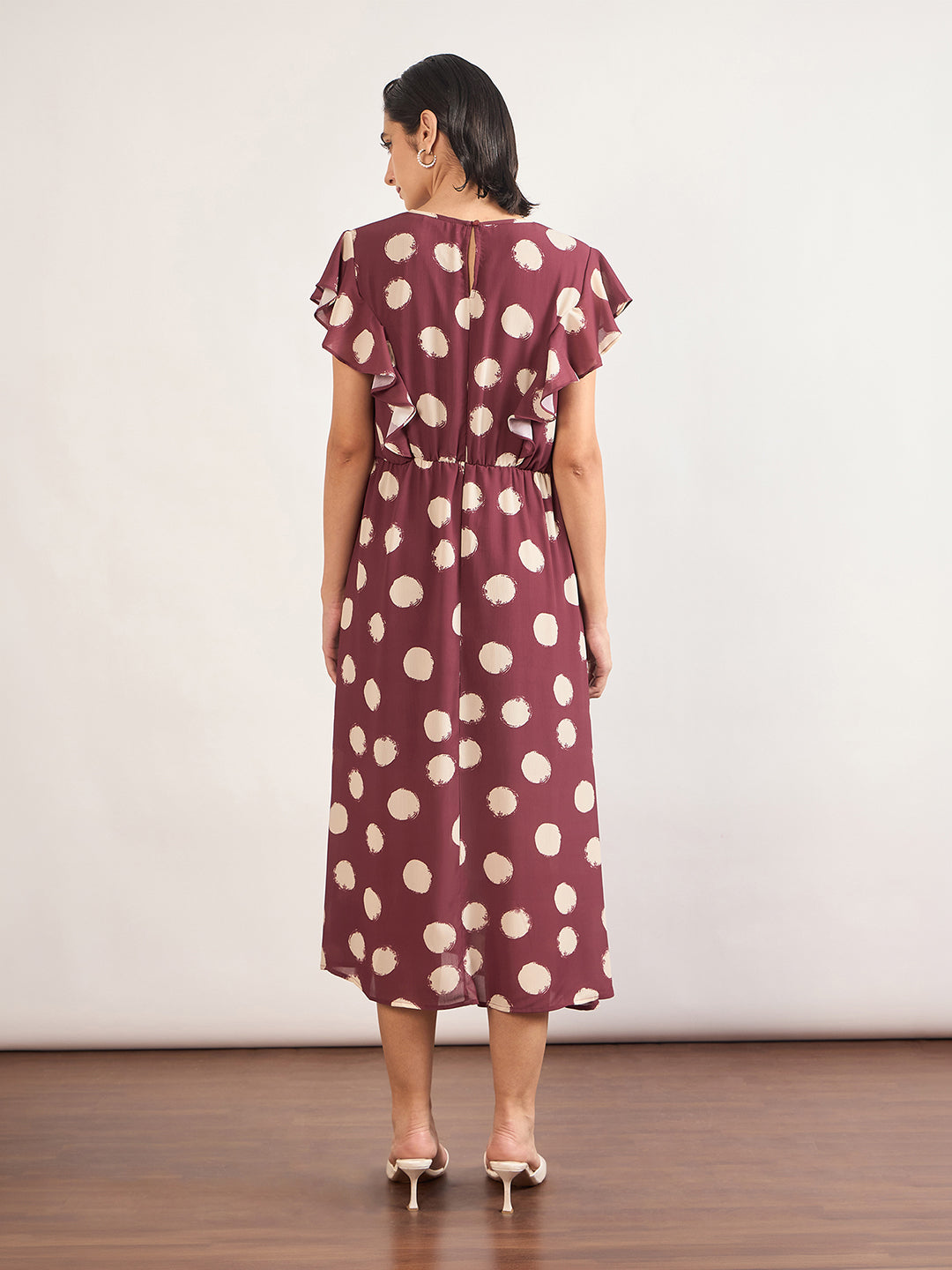 Maroon Chiffon Polka Printed Fit & Flare Dress