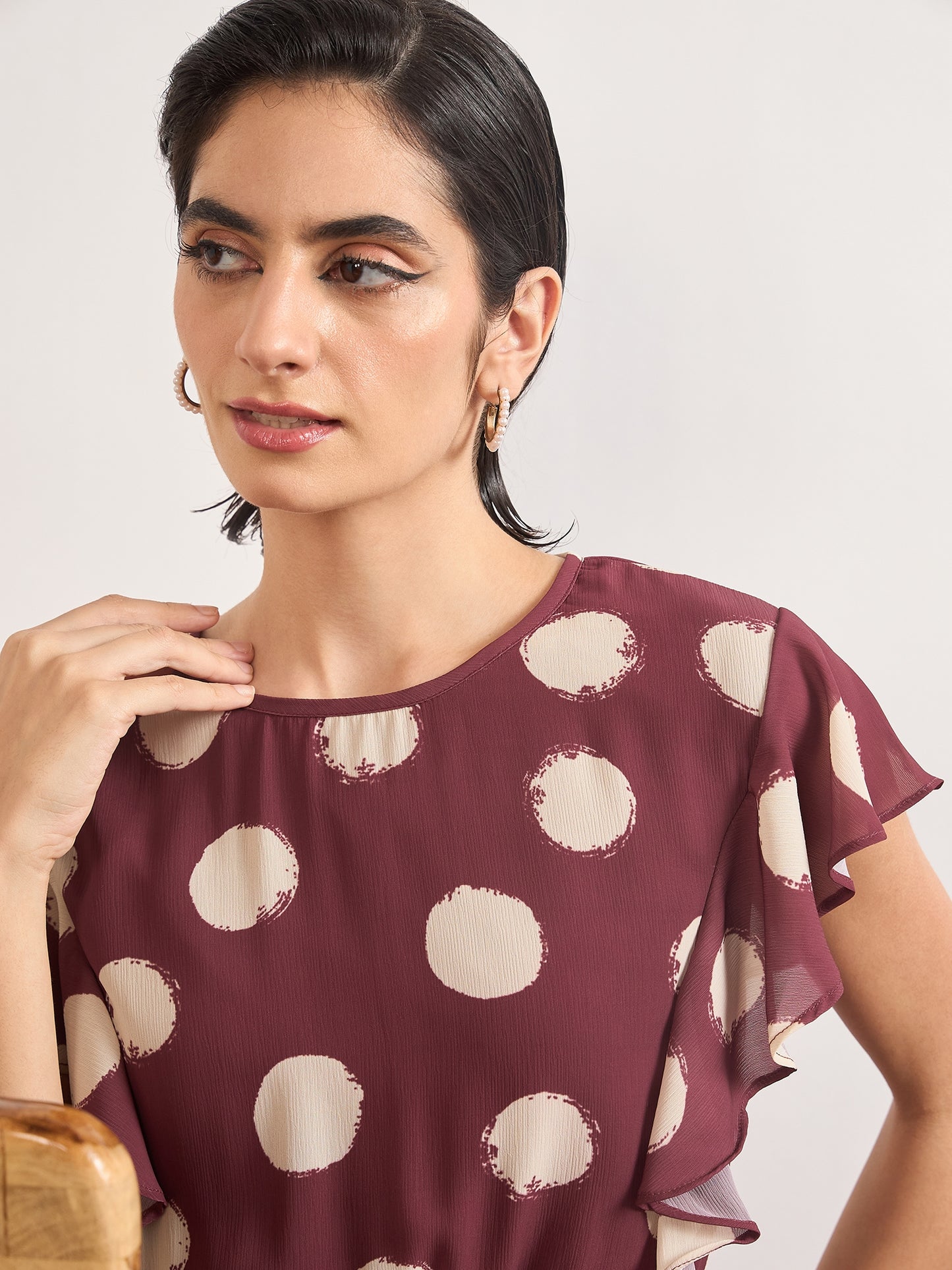 Maroon Chiffon Polka Printed Fit & Flare Dress