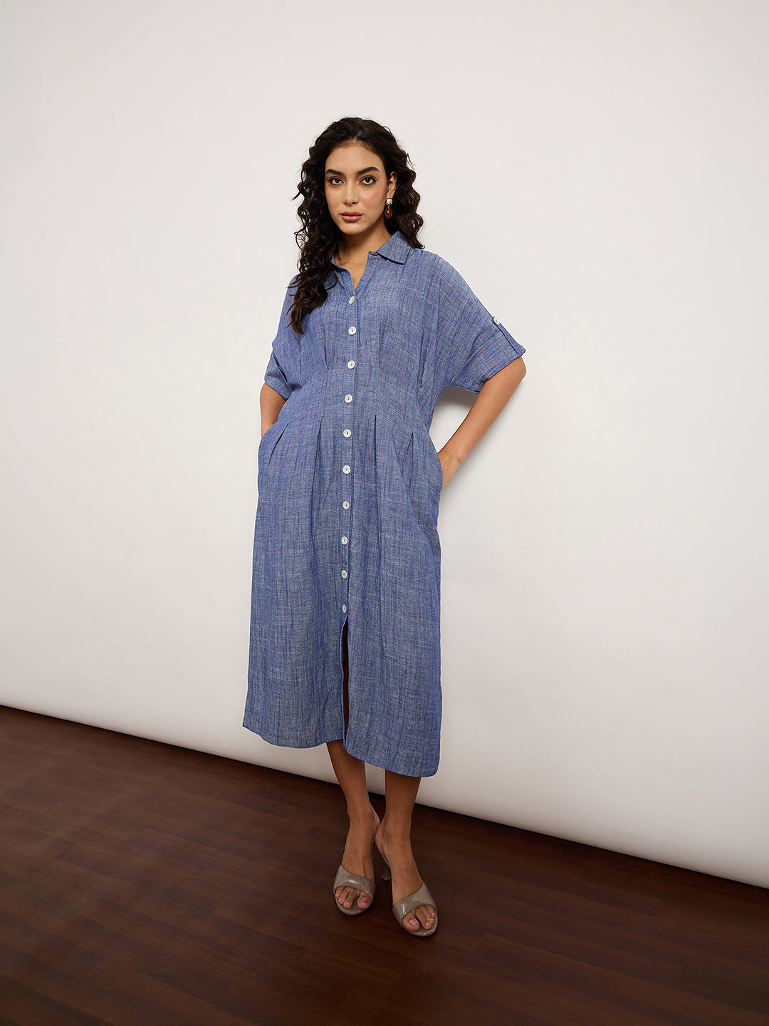 Blue Textured Fit & Flare Dress