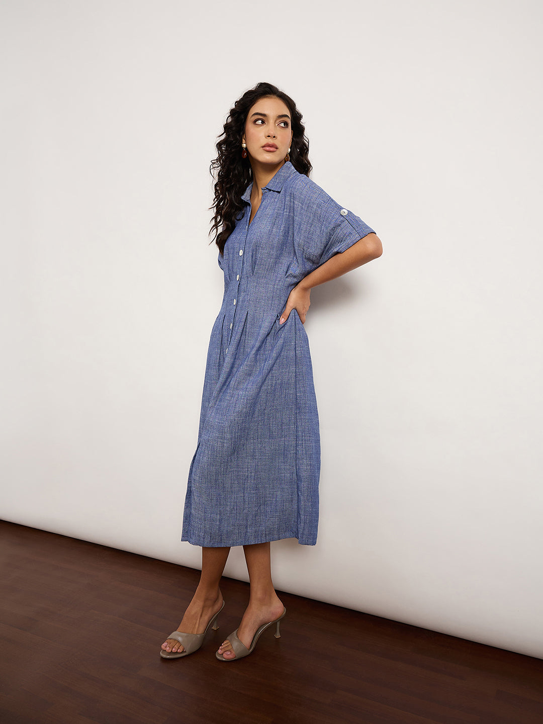 Blue Textured Fit & Flare Dress