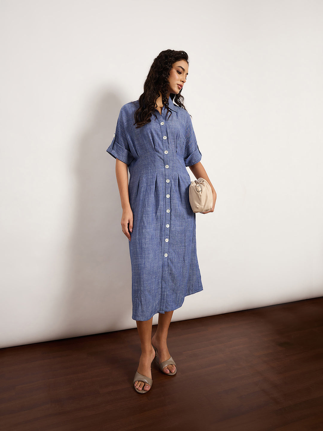 Blue Textured Fit & Flare Dress