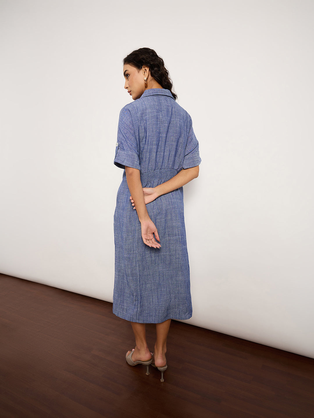 Blue Textured Fit & Flare Dress