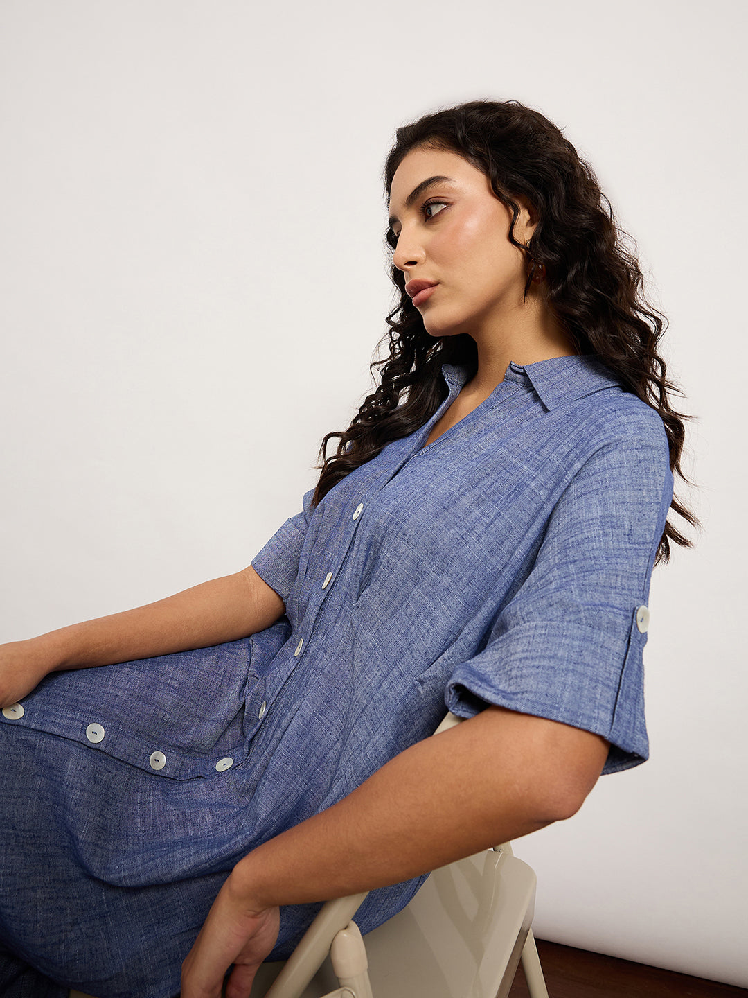 Blue Textured Fit & Flare Dress