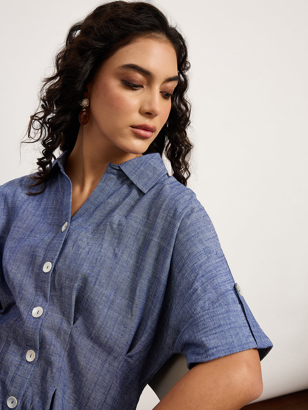 Blue Textured Fit & Flare Dress