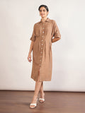 Tan Linen Viscose Fit & Flare Dress