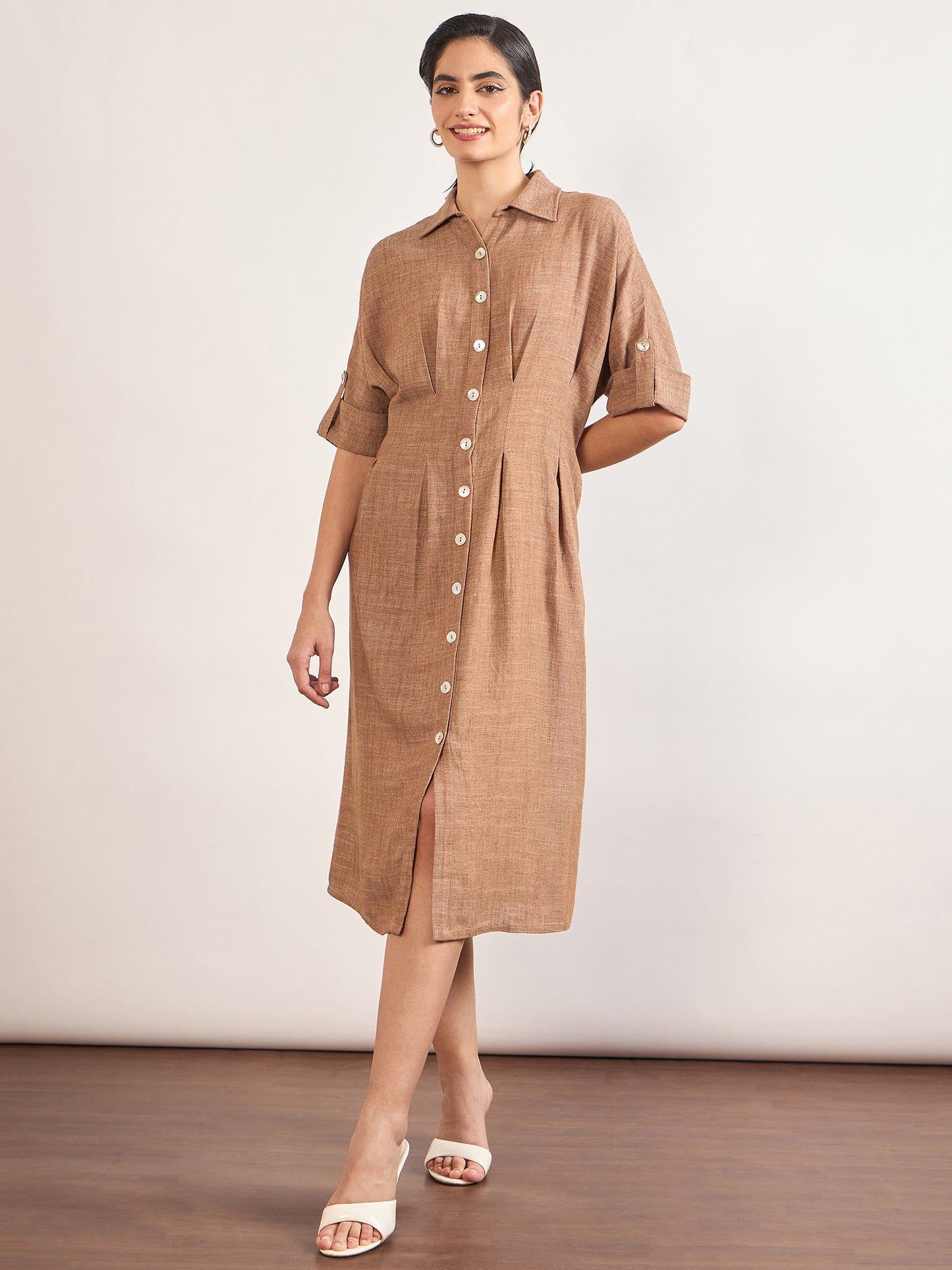 Tan Linen Viscose Fit & Flare Dress