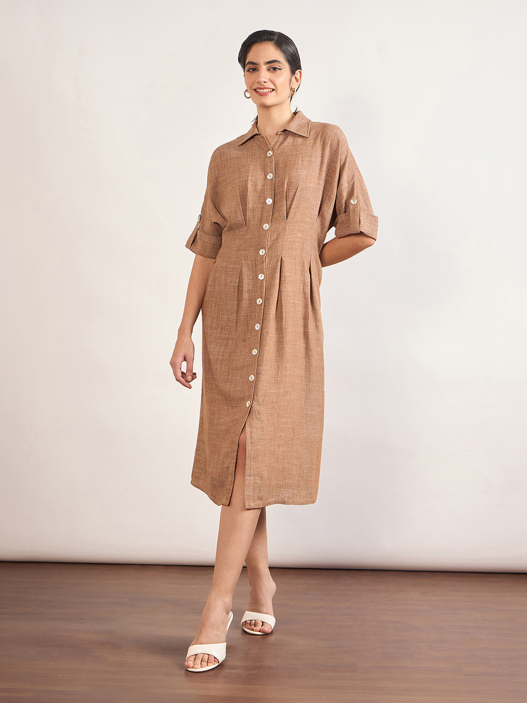Tan Linen Viscose Fit & Flare Dress
