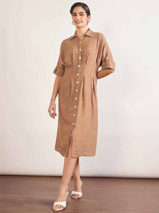 Tan Linen Viscose Fit & Flare Dress