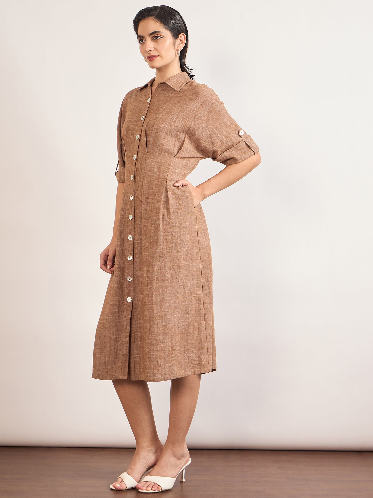 Tan Linen Viscose Fit & Flare Dress